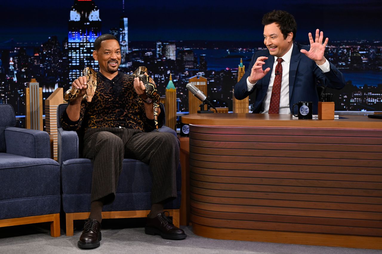 Todd Owyoung/NBC Will Smith holds an anaconda on 'The Tonight Show'