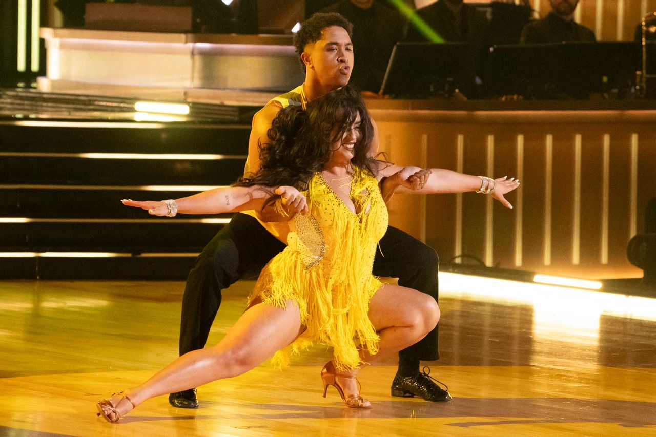 Disney/Eric McCandless Lauren Jauregui and Brandon Armstrong during TikTok night on 'Dancing with the Stars' season 34
