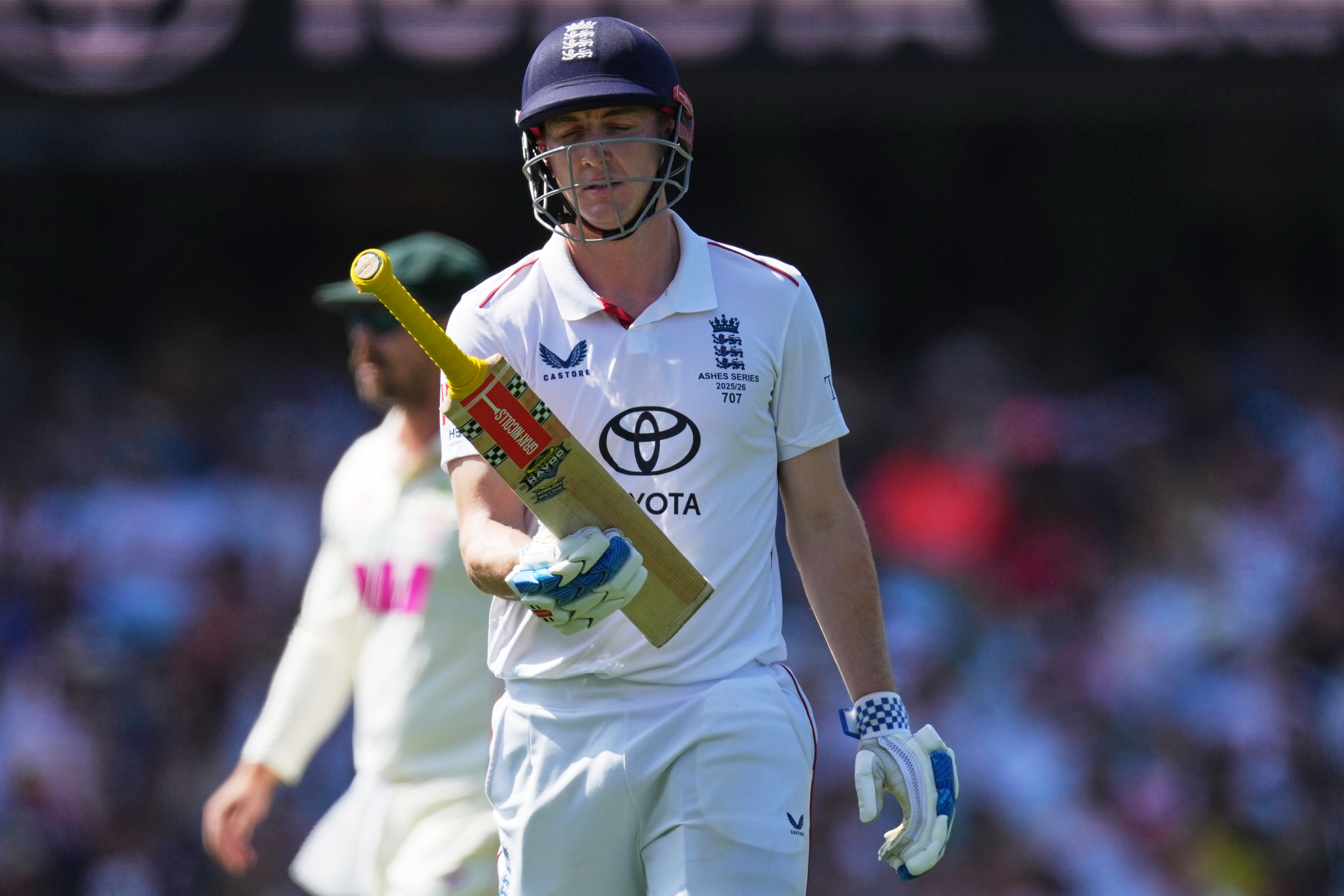 England's Harry Brook reacts after he was dismissed during play on day two of the fifth and final Ashes cricket test between England and Australia in Sydney, Monday, Jan. 5, 2026. (AP Photo/Mark Baker)