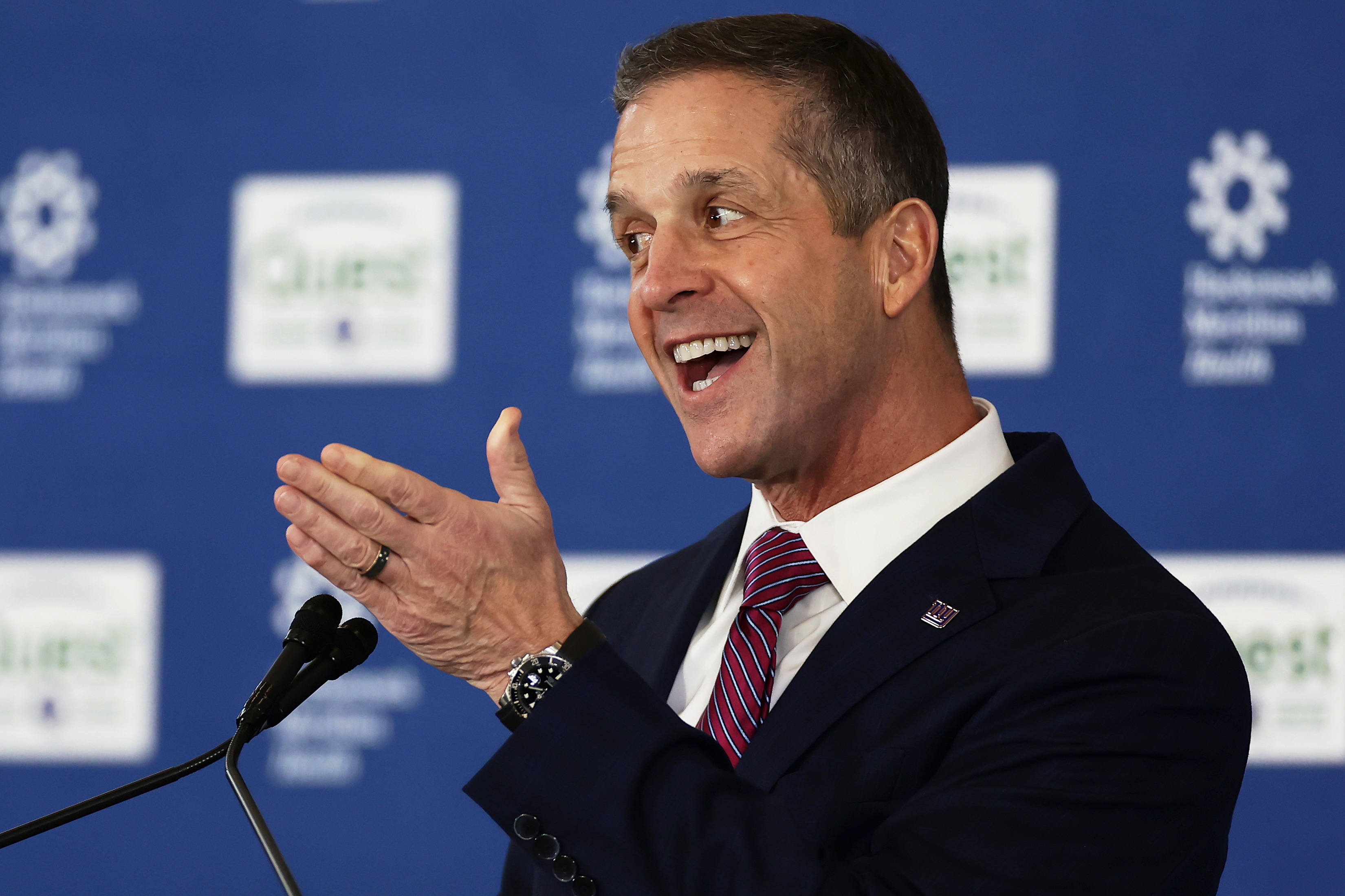 New York Giants head coach John Harbaugh speaks to the media after being introduced during a news conference at the teams NFL football training facility Tuesday, Jan. 20, 2026, in East Rutherford, N.J. (AP Photo/Adam Hunger)