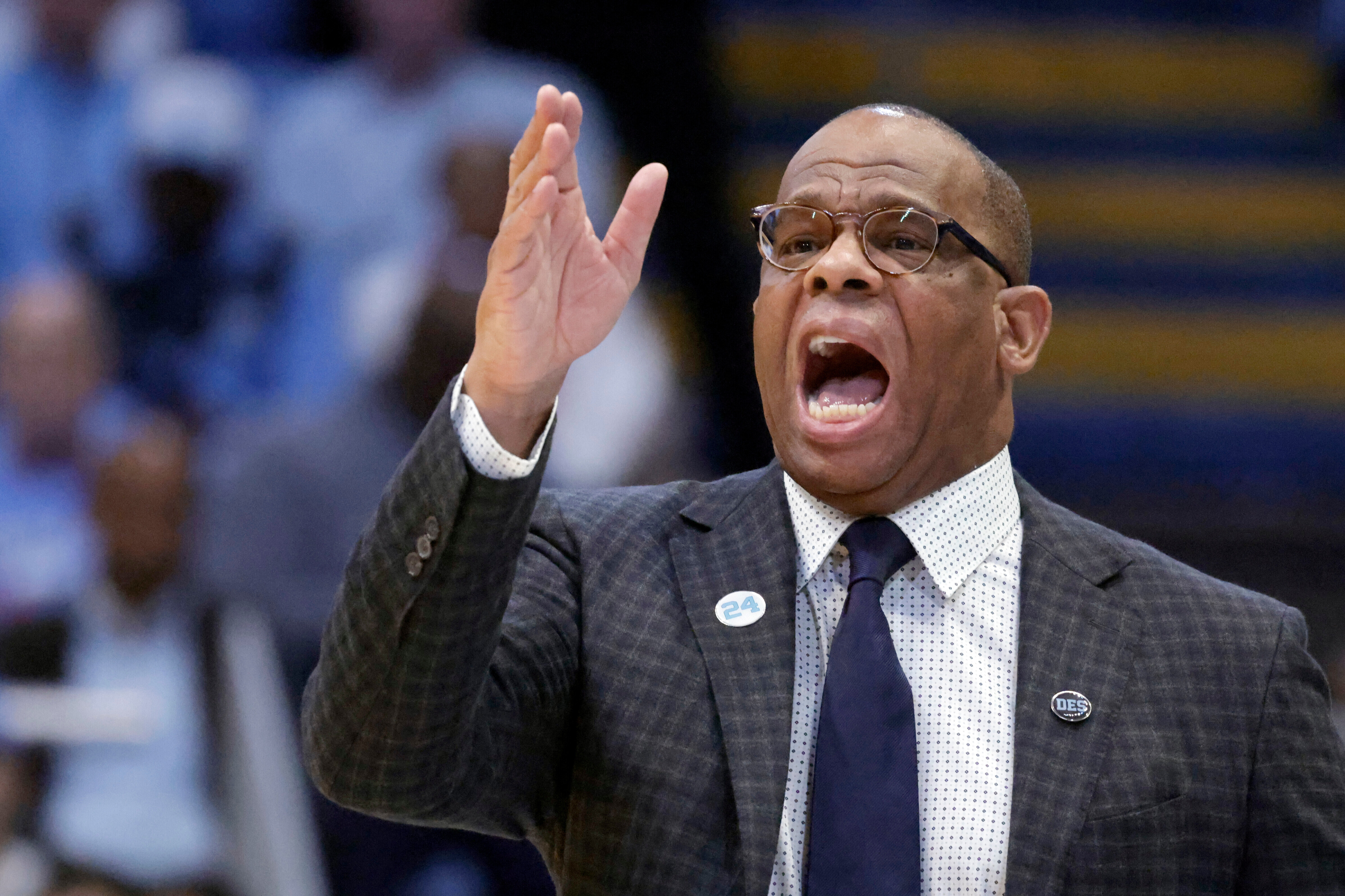 North Carolina head coach Hubert Davis directs the team against Notre Dame during the first half of an NCAA college basketball game Wednesday, Jan. 21, 2026, in Chapel Hill, N.C. (AP Photo/Chris Seward)