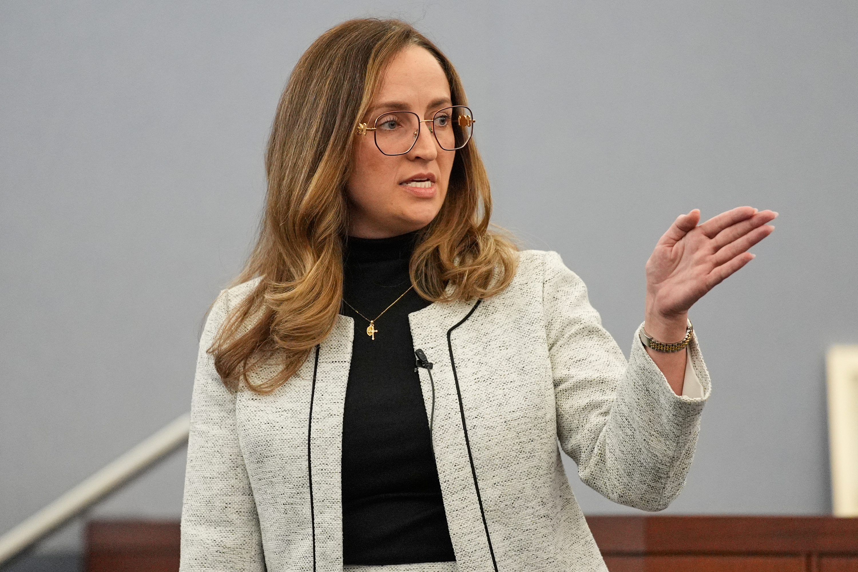 Prosecutor Bianca Pucci speaks as Nathan Chasing Horse appears in court for his trial on charges of sexually abusing Indigenous women and girls Tuesday, Jan. 20, 2026, in Las Vegas. (AP Photo/John Locher)