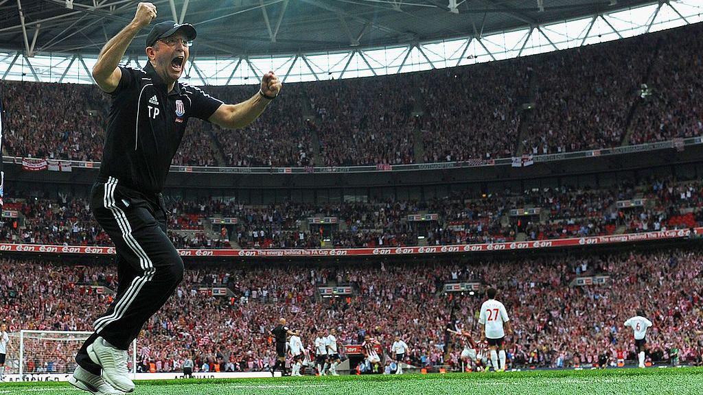 Stoke boss Tony Pulis celebrates his side's fourth goal in their 5-0 win over Bolton in the 2011 FA Cup semi-final at Wembley