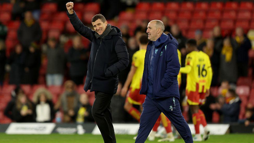 Watford manager Javi Gracia walking across the pitch and raising his hand at Vicarage Road