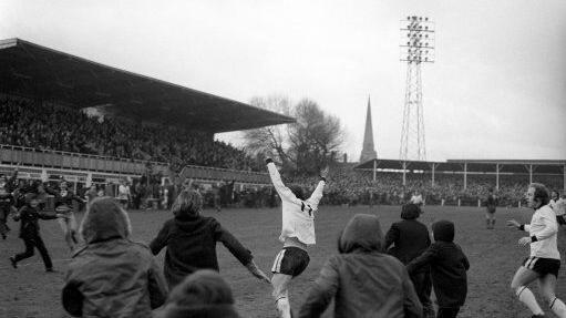 Ronnie Radford is pursued by hundreds of fans as he celebrates scoring his iconic FA Cup goal for Hereford against Newcastle in 1972