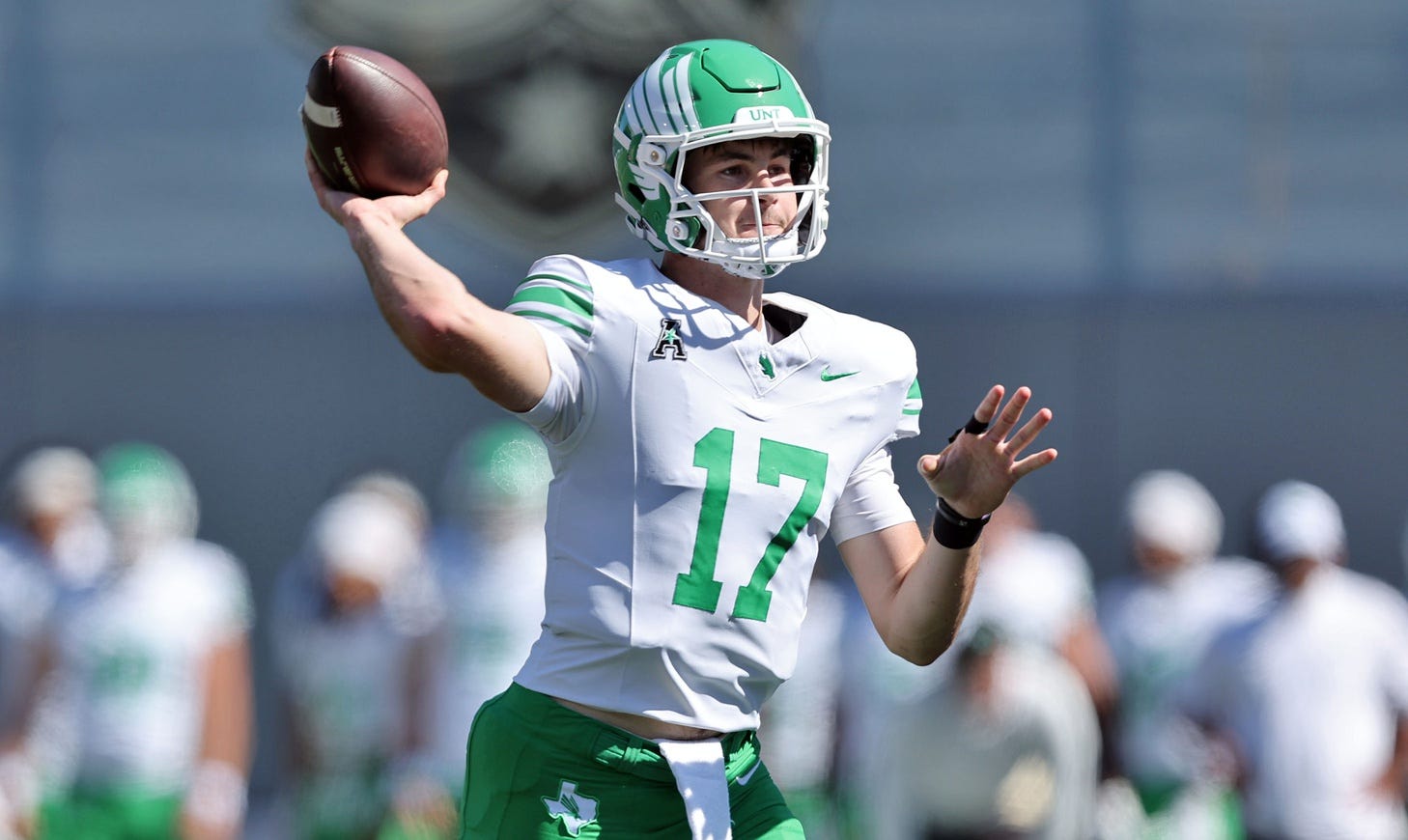 Sep 20, 2025; West Point, New York, USA; North Texas Mean Green quarterback Drew Mestemaker (17) throws a pass against the Army Black Knights during the first half at Michie Stadium. Mandatory Credit: Danny Wild-Imagn Images