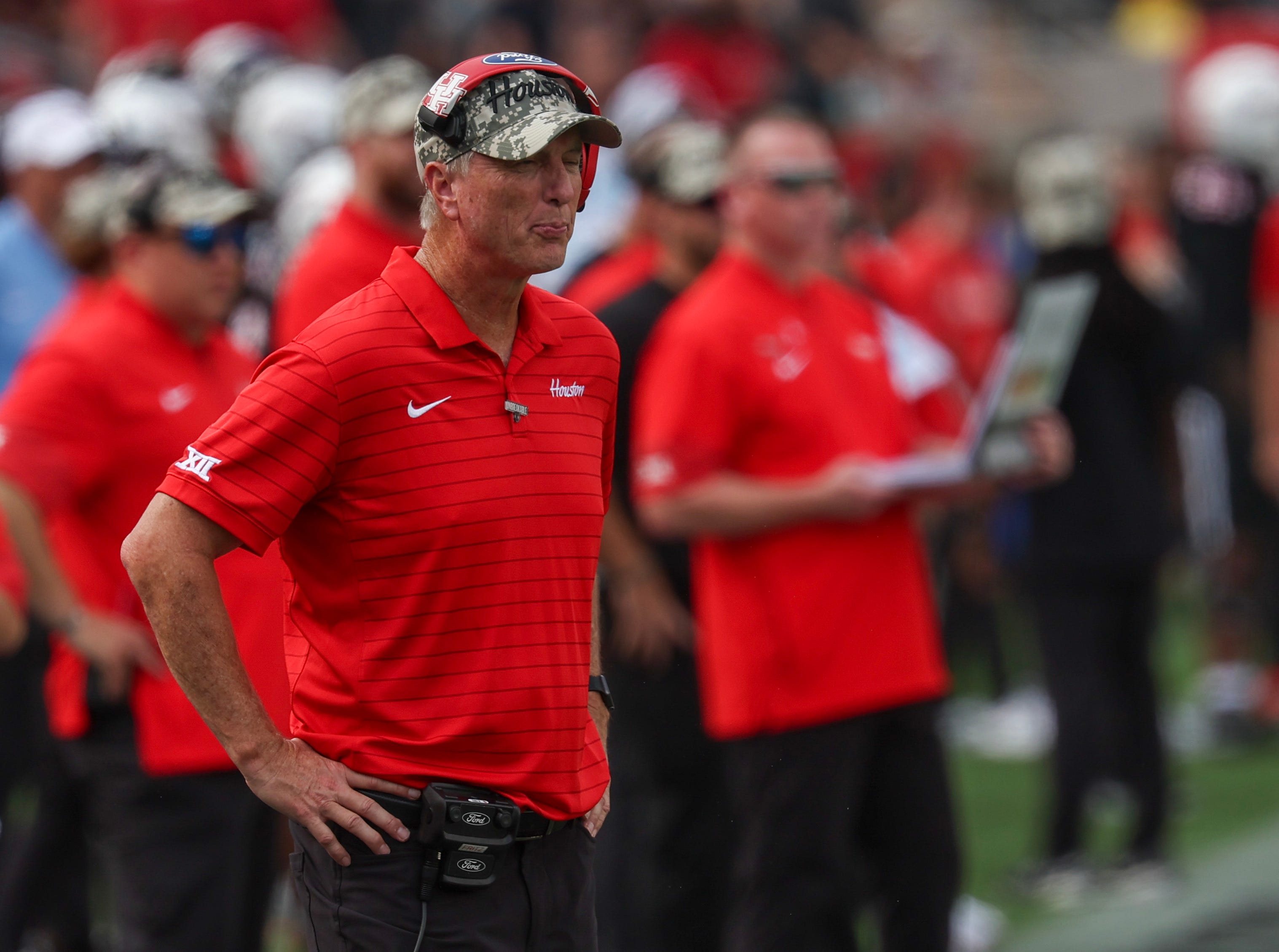 Nov 1, 2025; Houston, Texas, USA; Houston Cougars head coach Willie Fritz ton the sidelines coaching against the West Virginia Mountaineers in the second half at TDECU Stadium. Mandatory Credit: Thomas Shea-Imagn Images