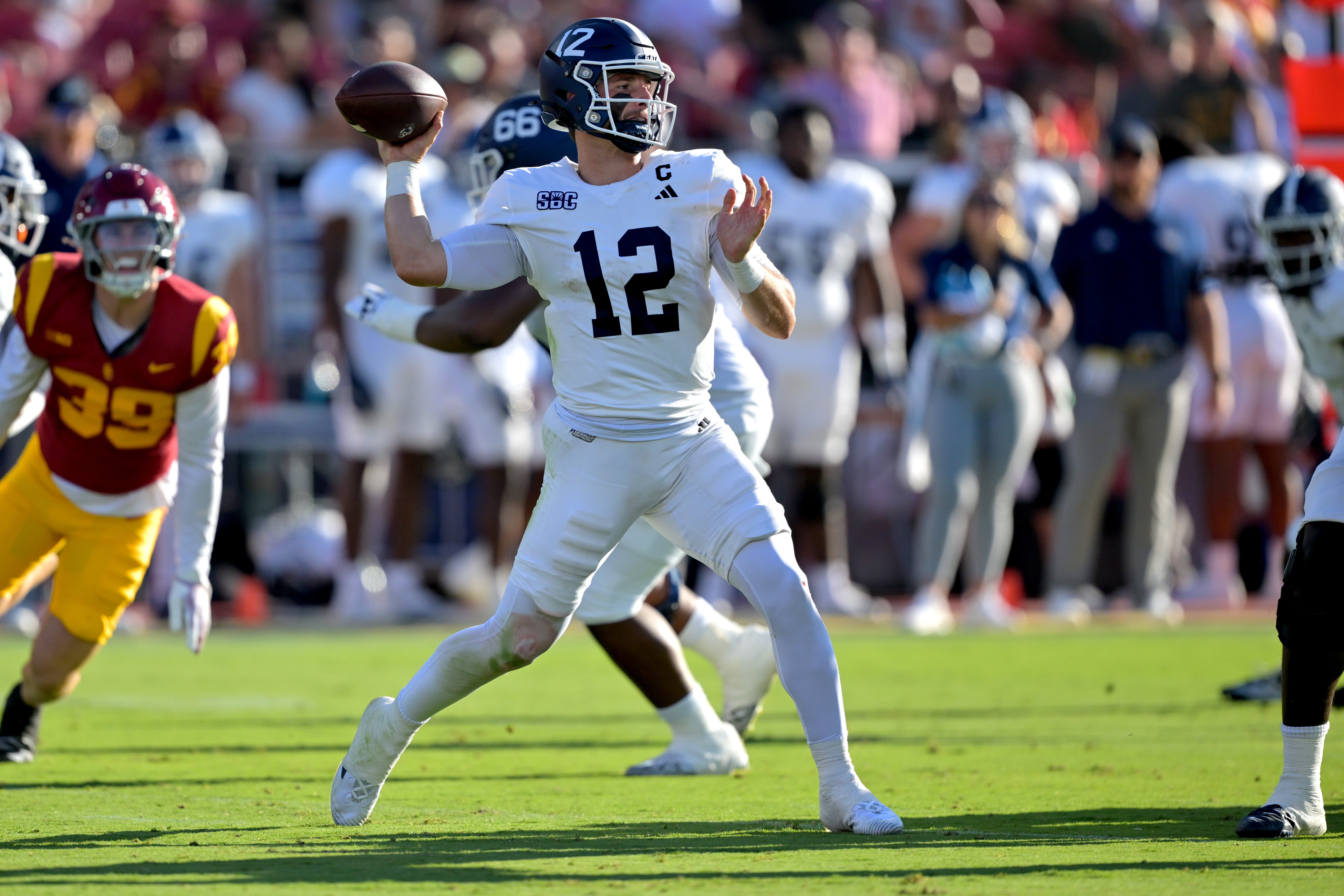 Georgia Southern Eagles quarterback JC French IV (12) throws a pass during the first half against the USC Trojans at United Airlines Field at Los Angeles Memorial Coliseum in Los Angeles, California.