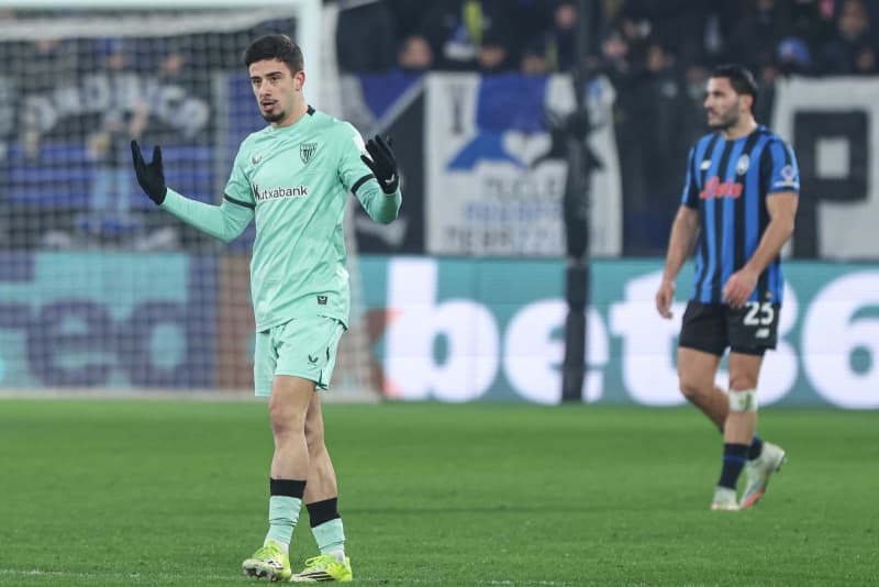 Athletic Bilbao's Nico Serrano celebrates scoring his side's second goal during the UEFA Champions League soccer match between Atalanta BC and Athletic Club Bilbao at the New Balance Arena. Stefano Nicoli/LaPresse via ZUMA Press/dpa