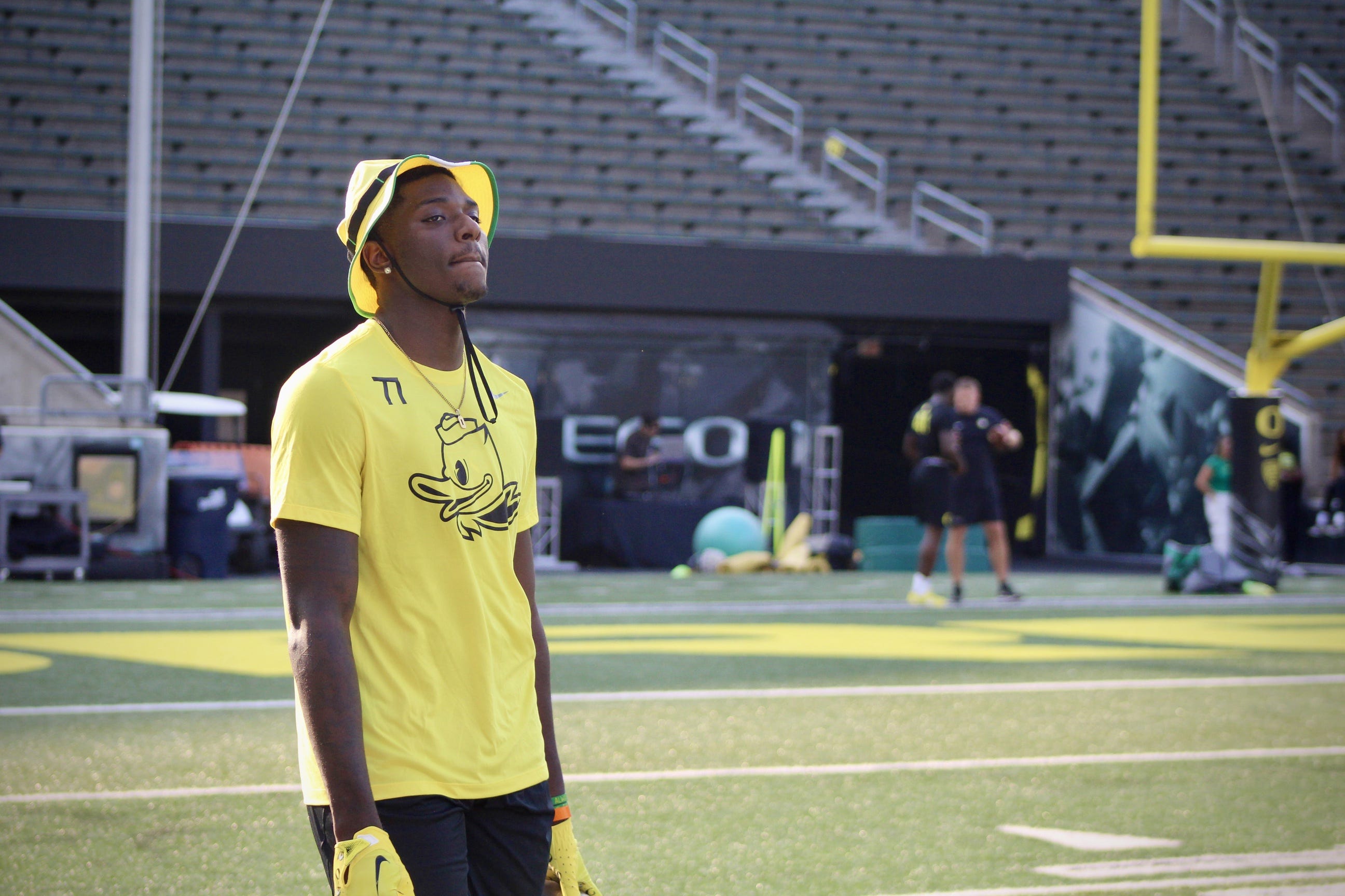 July 27, 2024; Eugene, OR, USA; Kendre Harrison part of the top-ranked recruits flocked to Eugene for the 2024 Oregon Ducks Saturday Night Live ; Mandatory credit: Zachary Neel-USA TODAY NETWORK via Imagn Images