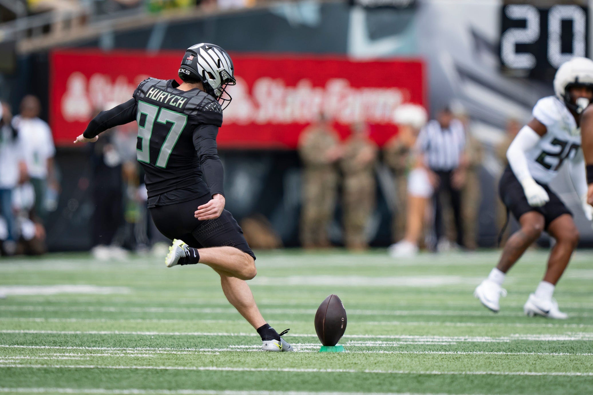 Oregon kicker Gage Hurych kicks off during Oregon Footballâ€™s spring game on April 26, 2025, at Autzen Stadium in Eugene.