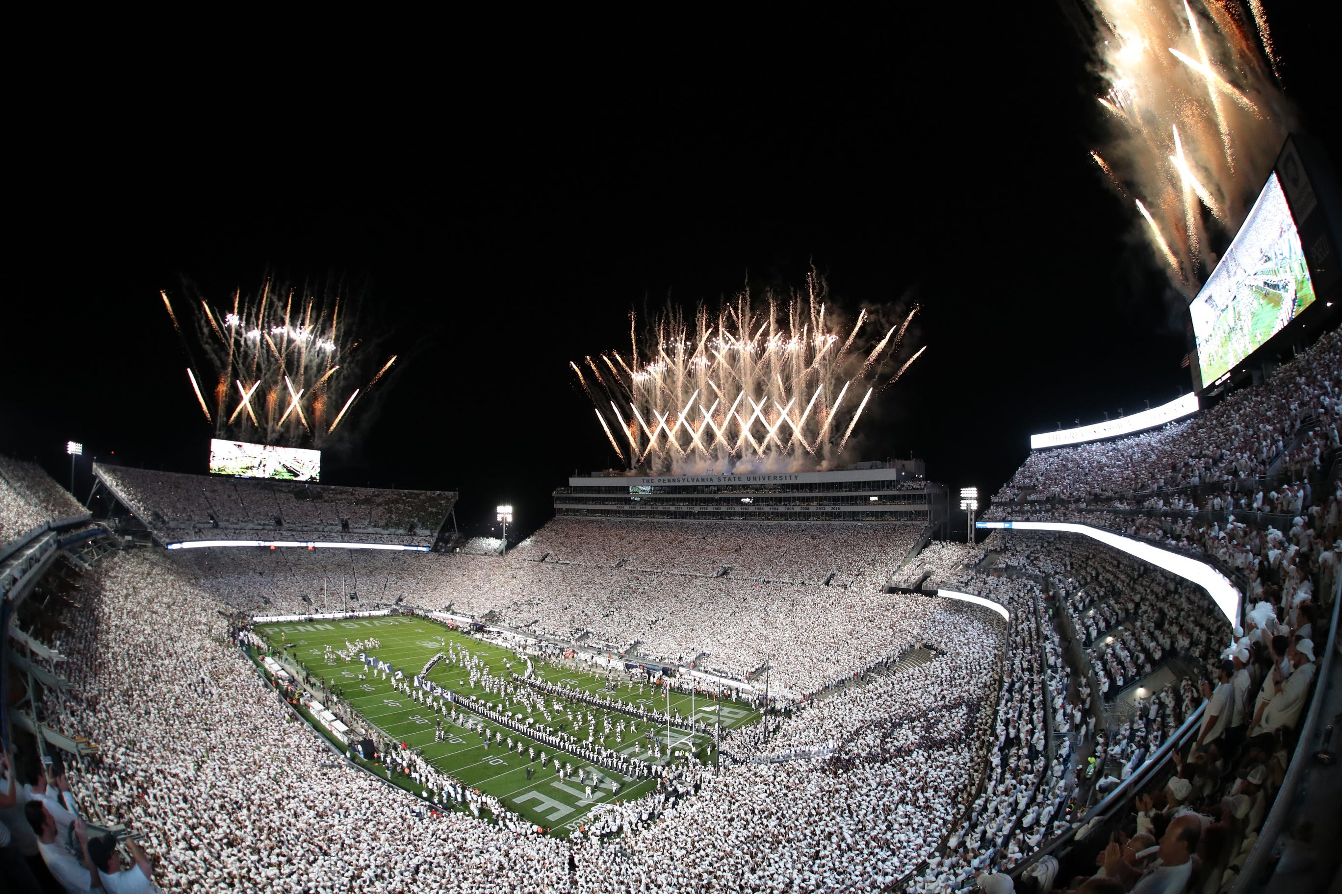 Sep 27, 2025; University Park, Pennsylvania, USA; Fireworks are seen over an announced crowd of 111,015 during a White-Out game between the Penn State Nittany Lions and the Oregon Ducks at Beaver Stadium. Mandatory Credit: Matthew O'Haren-Imagn Images