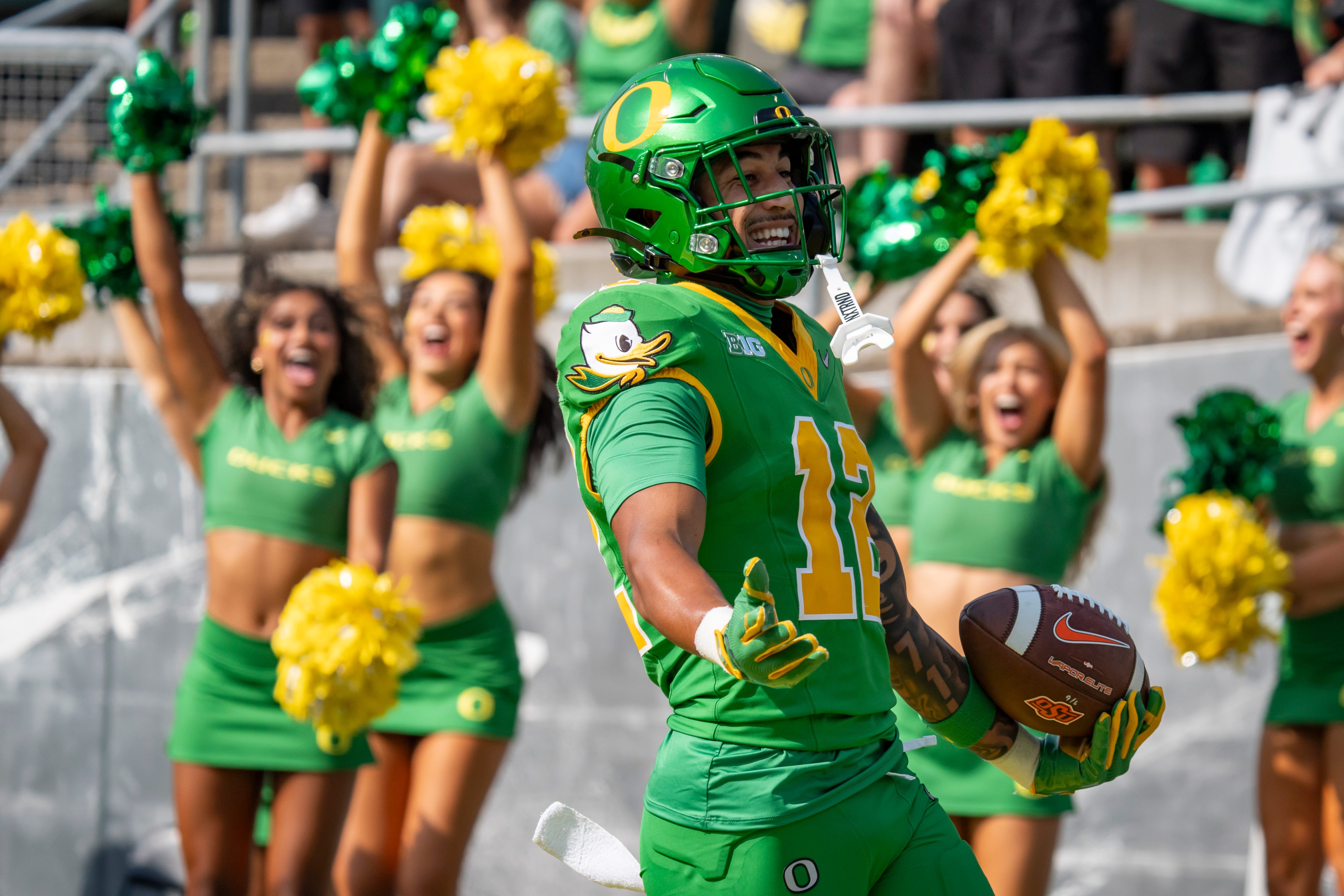 Oregon defensive back Peyton Woodyard scores off an interception as the Oregon Ducks host the Oklahoma State Cowboys on Sept. 6, 2025, at Autzen Stadium in Eugene, Oregon.