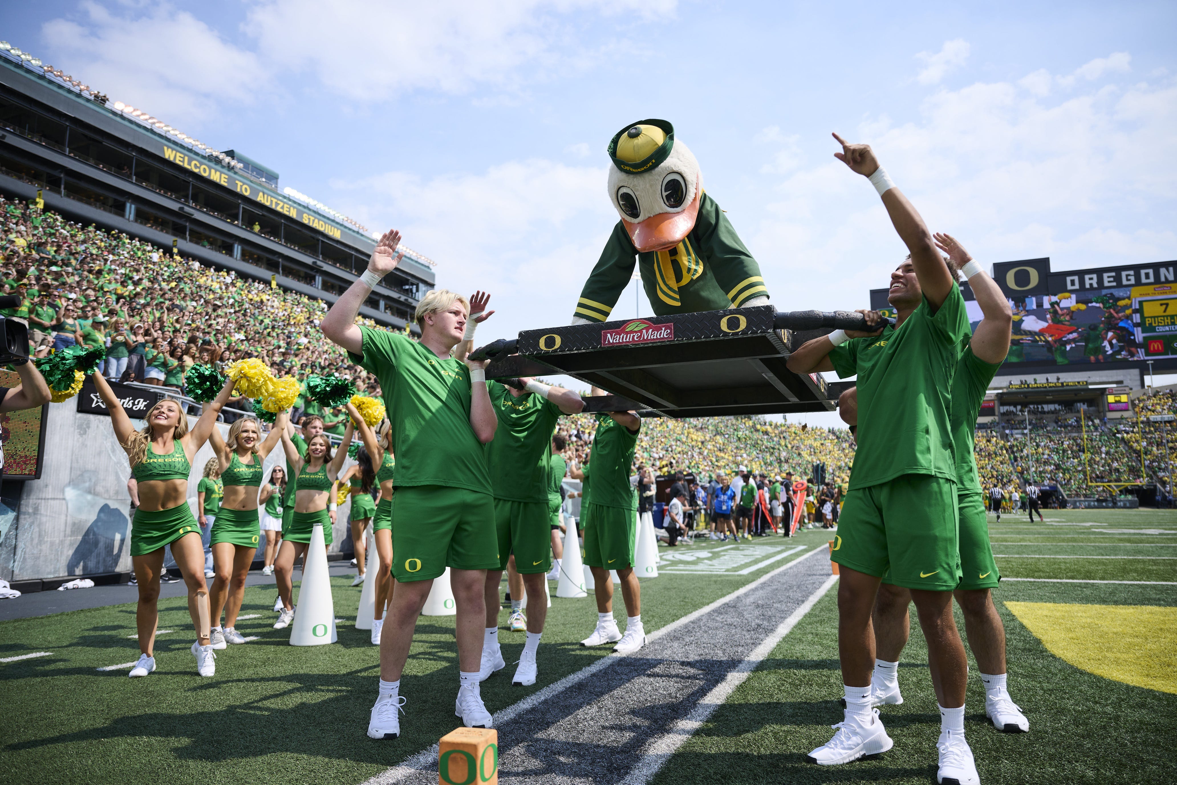 Aug 30, 2025; Eugene, Oregon, USA; Waddles, the Oregon Ducks mascot, does push ups after a touchdown during the first half against the Montana State Bobcats at Autzen Stadium. Mandatory Credit: Troy Wayrynen-Imagn Images