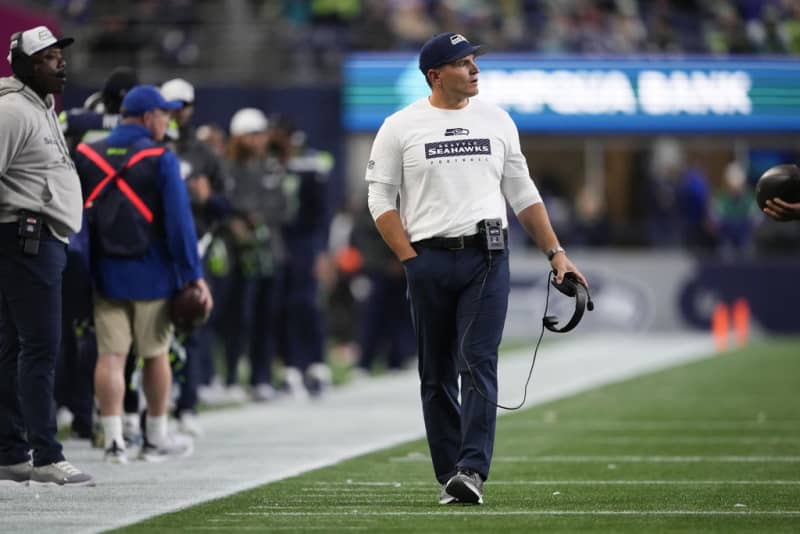 Seattle Seahawks head coach Mike Macdonald looks on during the first half of a preseason NFL football game against the Cleveland Browns, Saturday, Aug. 24, 2024, in Seattle. (AP Photo/Lindsey Wasson)