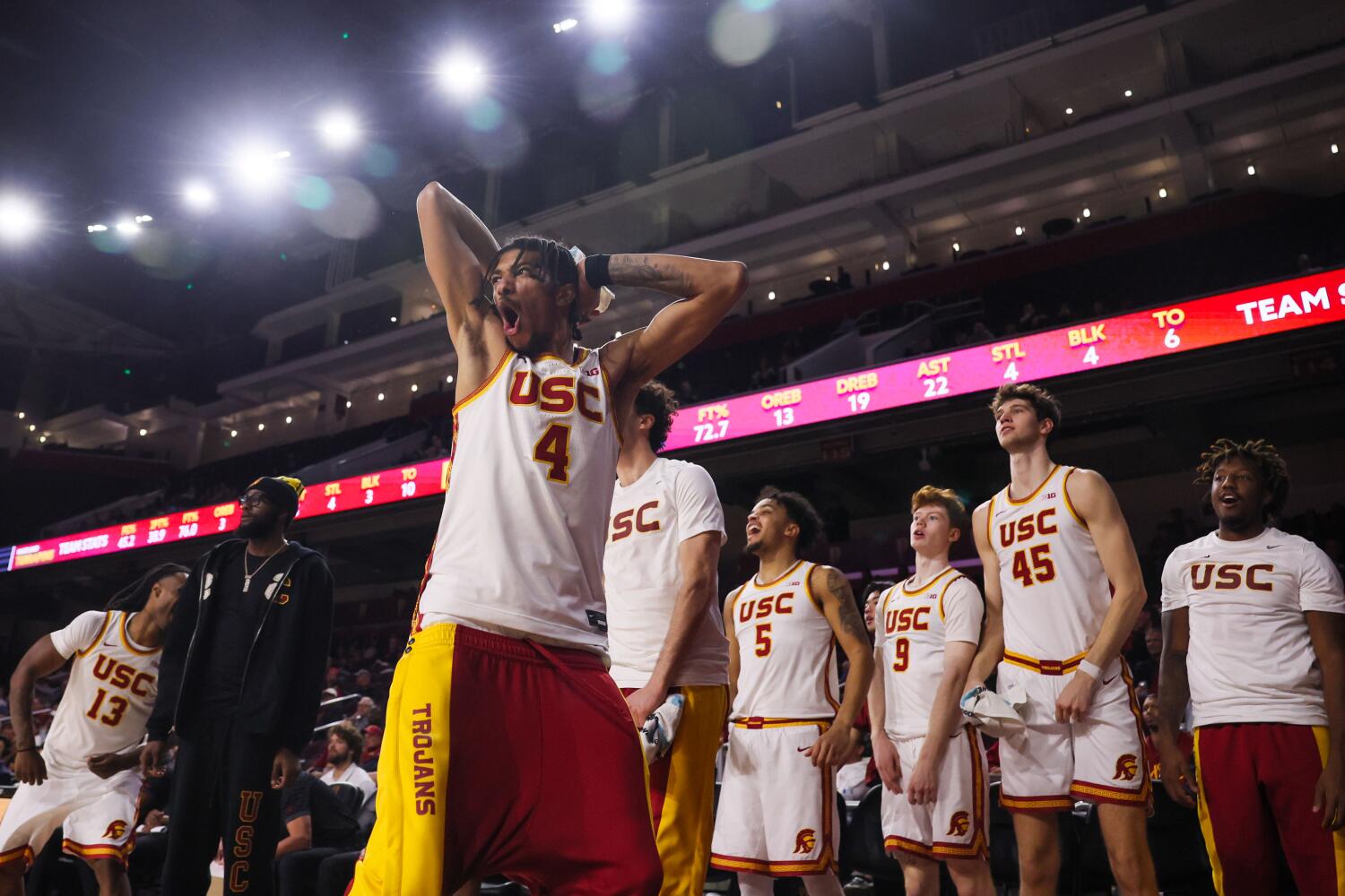 USC forward Chad Baker-Mazara reacts after a missed shot by teammate Jordan Marsh during a win over Maryland.