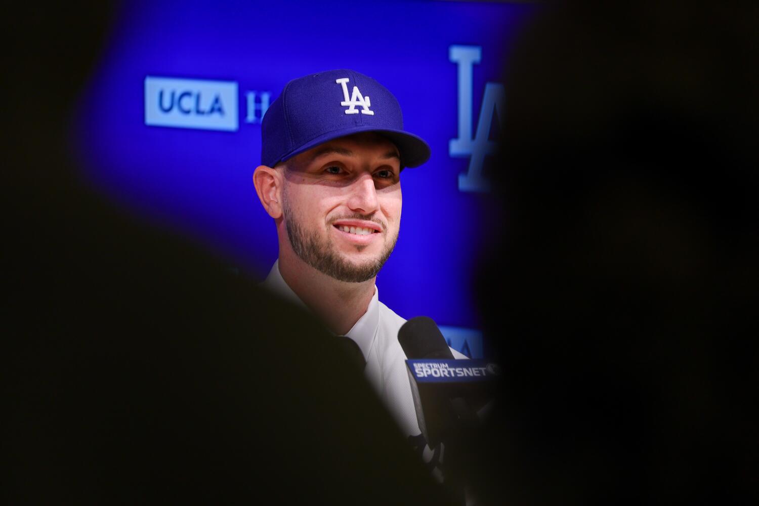 Outfielder Kyle Tucker smiles during a press conference at Dodger Stadium on Wednesday.