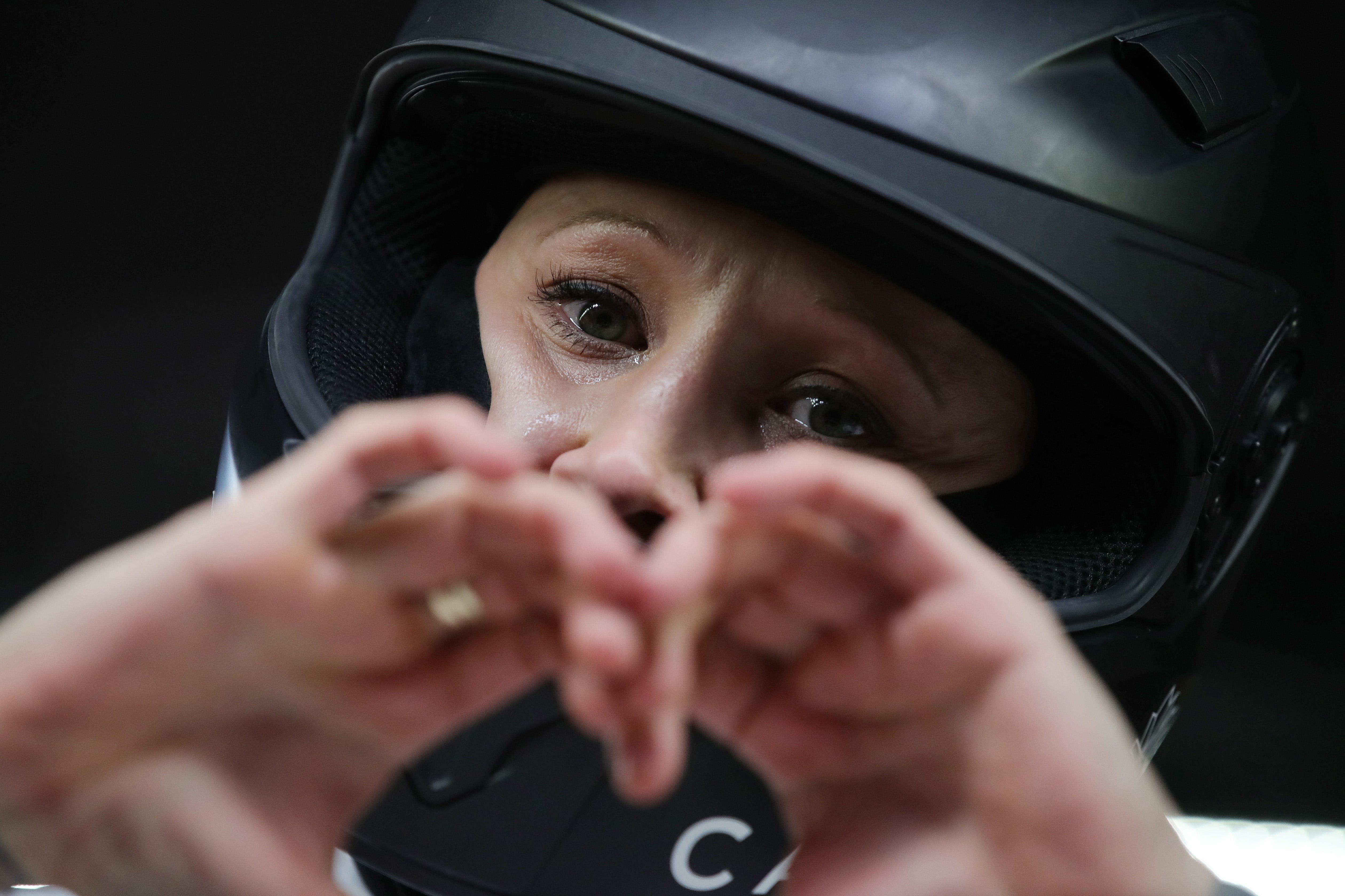 Kaillie Humphries of Canada reacts in the finish area during the Women's Bobsleigh heats on day 12 of the PyeongChang 2018 Winter Olympic Games.