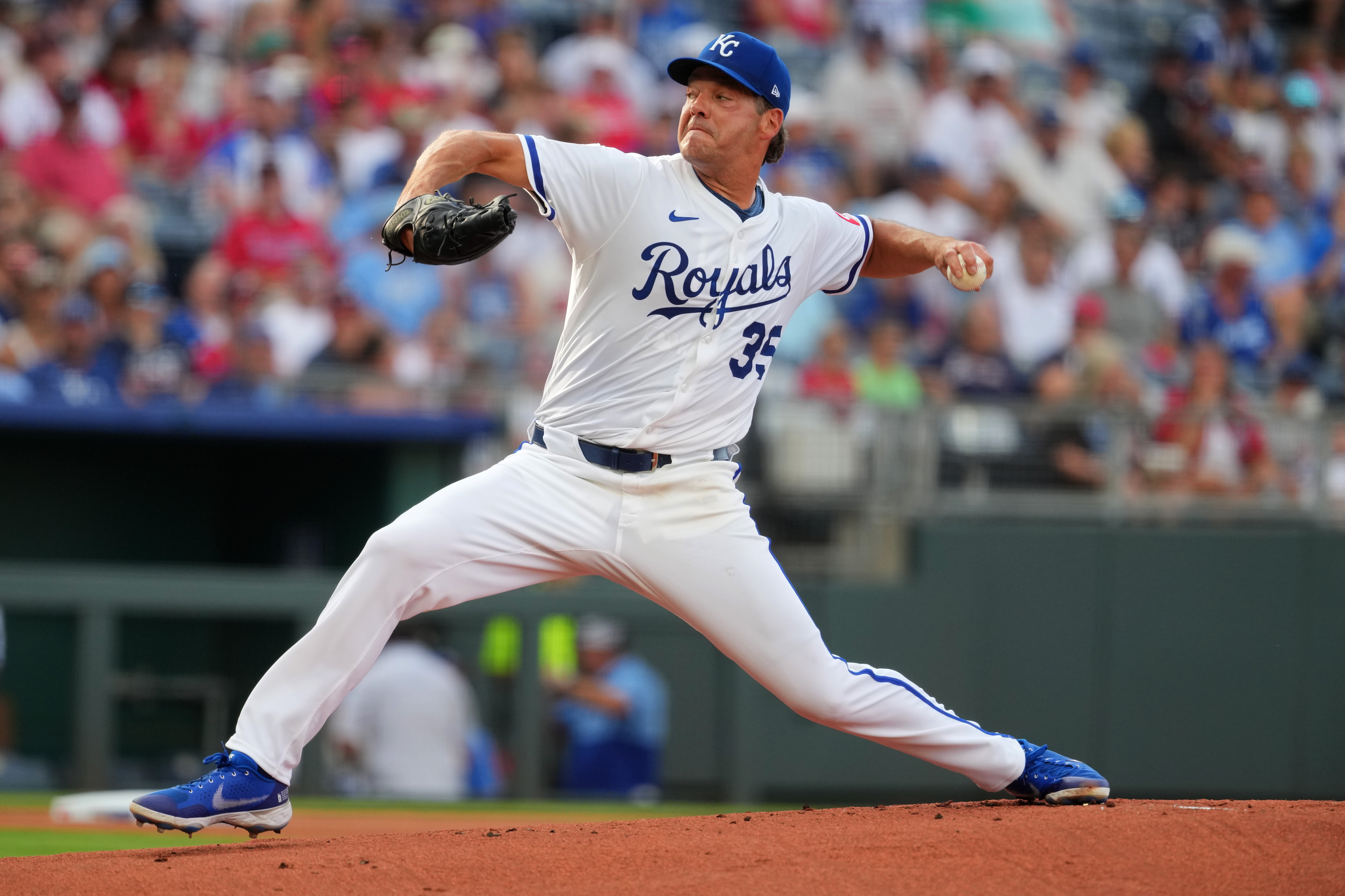Rich Hill #35 of the Kansas City Royals throws in the first inning against the Atlanta Braves at Kauffman Stadium on July 28, 2025 in Kansas City, Missouri.