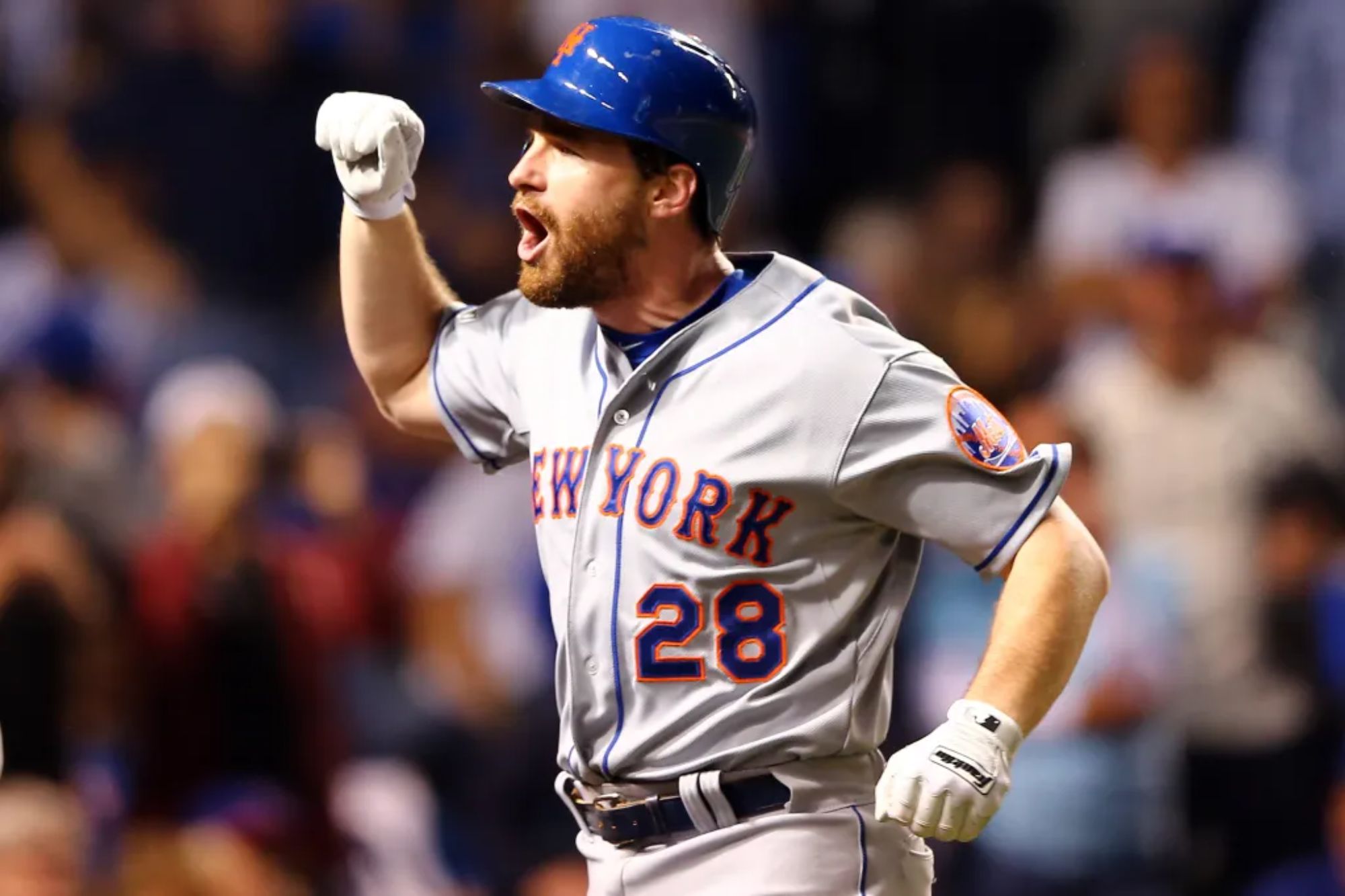 An image collage containing 1 images, Image 1 shows Daniel Murphy #28 of the New York Mets celebrates after hitting a two run home run in the eighth inning against Fernando Rodney #57 of the Chicago Cubs during game four of the 2015 MLB National League Championship Series at Wrigley Field on October 21, 2015 in Chicago, Illinois