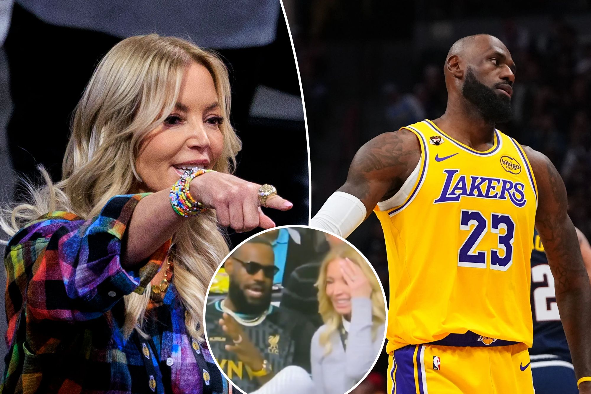 An image collage containing 3 images, Image 1 shows Los Angeles Lakers president Jeanie Buss wearing a colorful plaid shirt and multiple beaded bracelets, pointing to her right, Image 2 shows LeBron James of the Los Angeles Lakers reacts to an opponent's three-point basket, Image 3 shows LeBron James, wearing a Liverpool FC jersey and sunglasses, talks with two women courtside