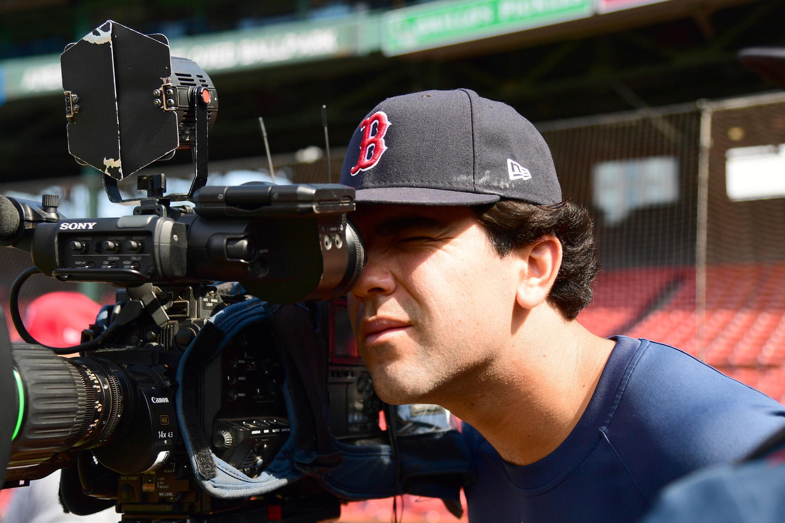 Jun 30, 2025; Boston, Massachusetts, USA; Boston Red Sox third baseman Marcelo Mayer (39) looks through the viewfinder of a camera prior to a game against the Cincinnati Reds at Fenway Park. (Bob DeChiara/Imagn Images)