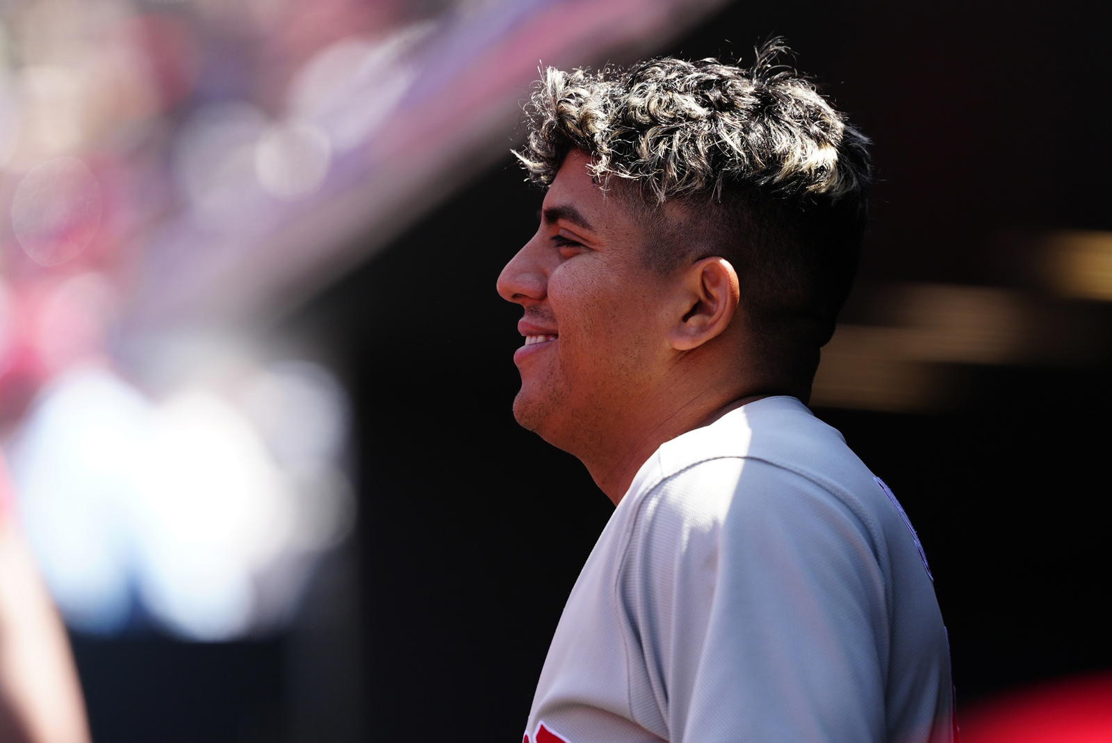 May 22, 2025; Denver, Colorado, USA; Philadelphia Phillies starting pitcher Ranger Suarez (55) reacts in the dugout in the seventh inning against the Colorado Rockies at Coors Field. (Ron Chenoy/Imagn Images)