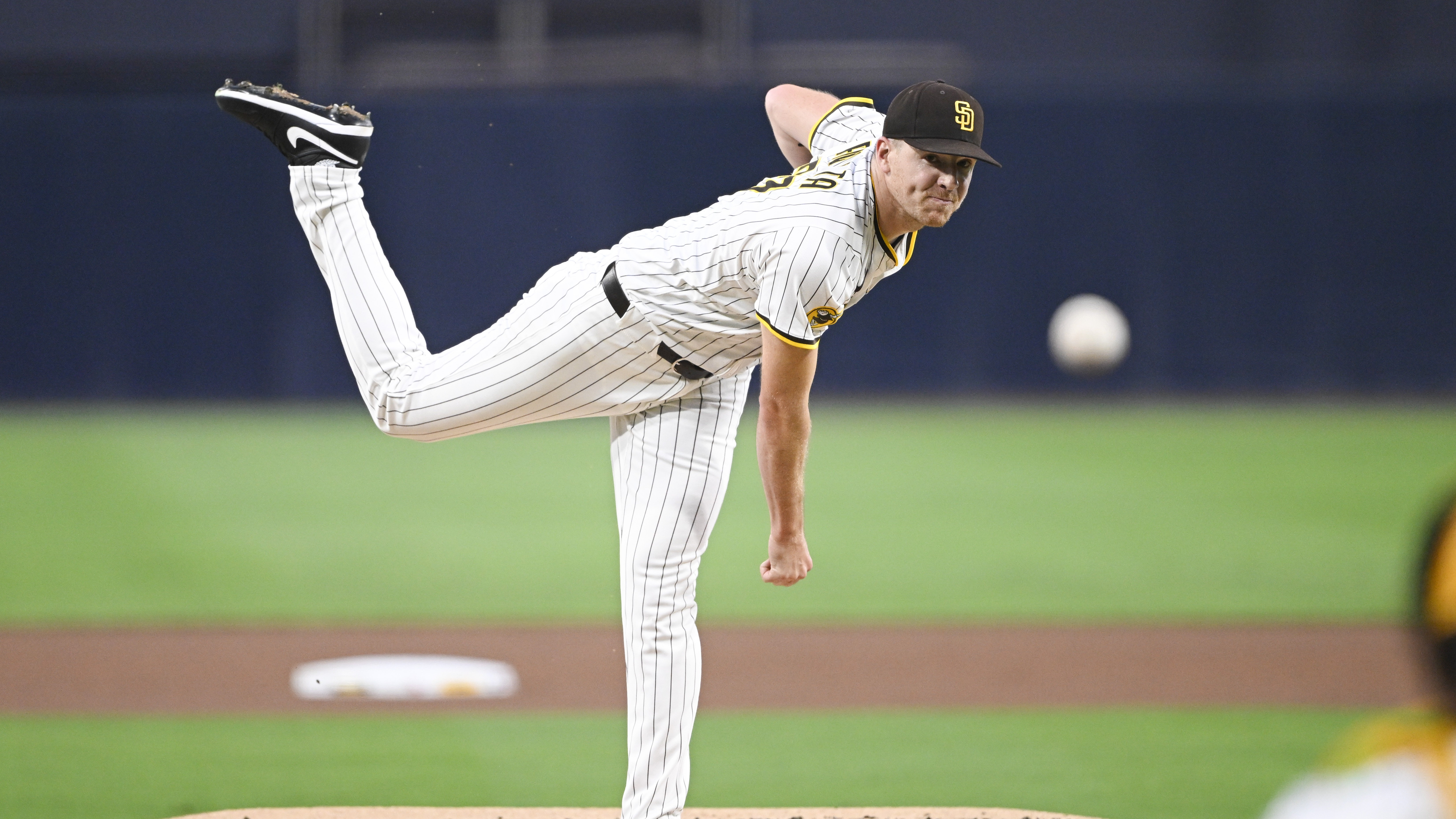 Sep 22, 2025; San Diego, California, USA; San Diego Padres starting pitcher Nick Pivetta (27) delivers during the first inning against the Milwaukee Brewers at Petco Park. Mandatory Credit: Denis Poroy-Imagn Images