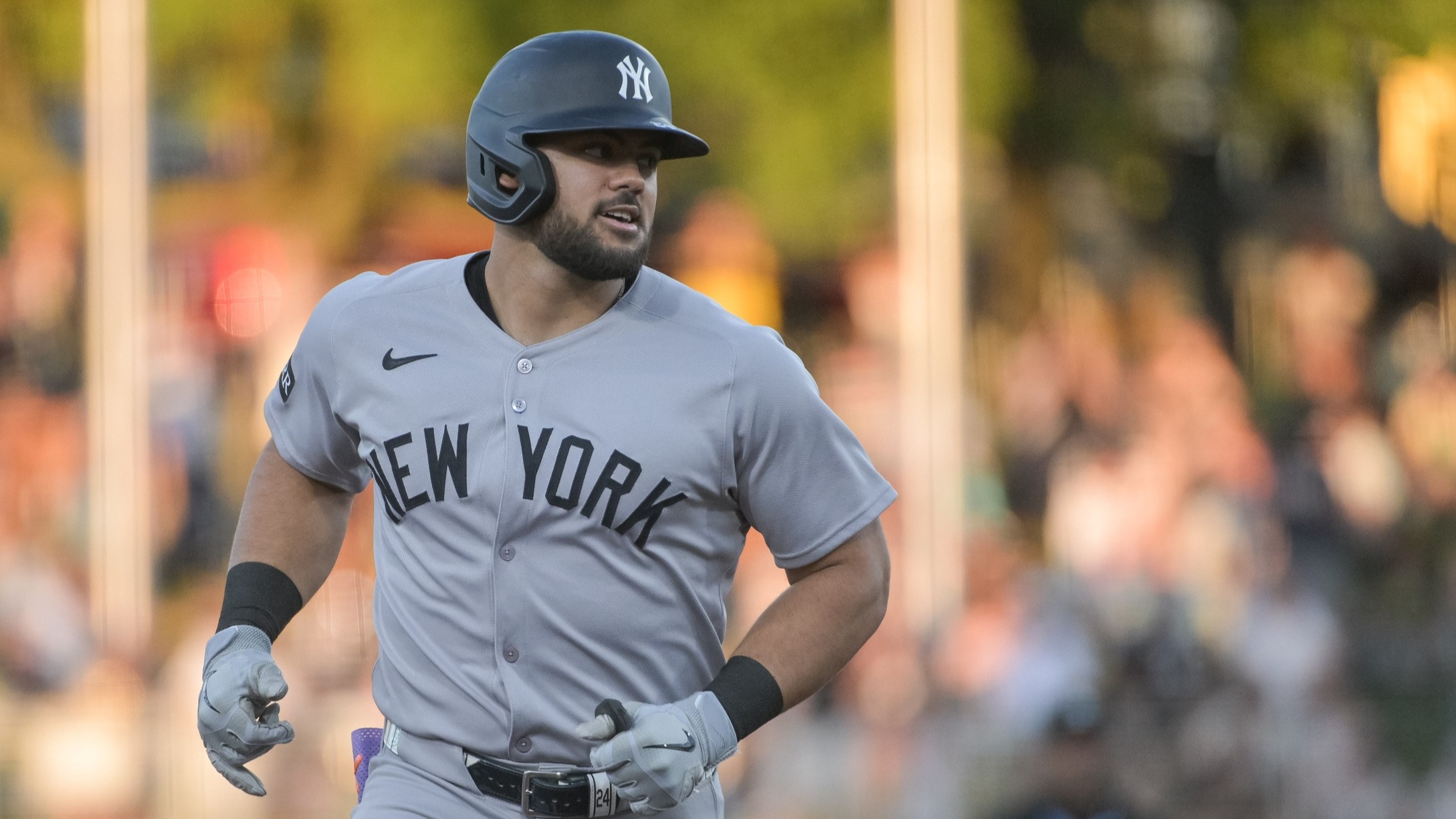 May 9, 2025; West Sacramento, California, USA; New York Yankees outfielder Jasson Dominguez (24) rounds the bases after hitting a home run against the Athletics during the third inning at Sutter Health Park. 