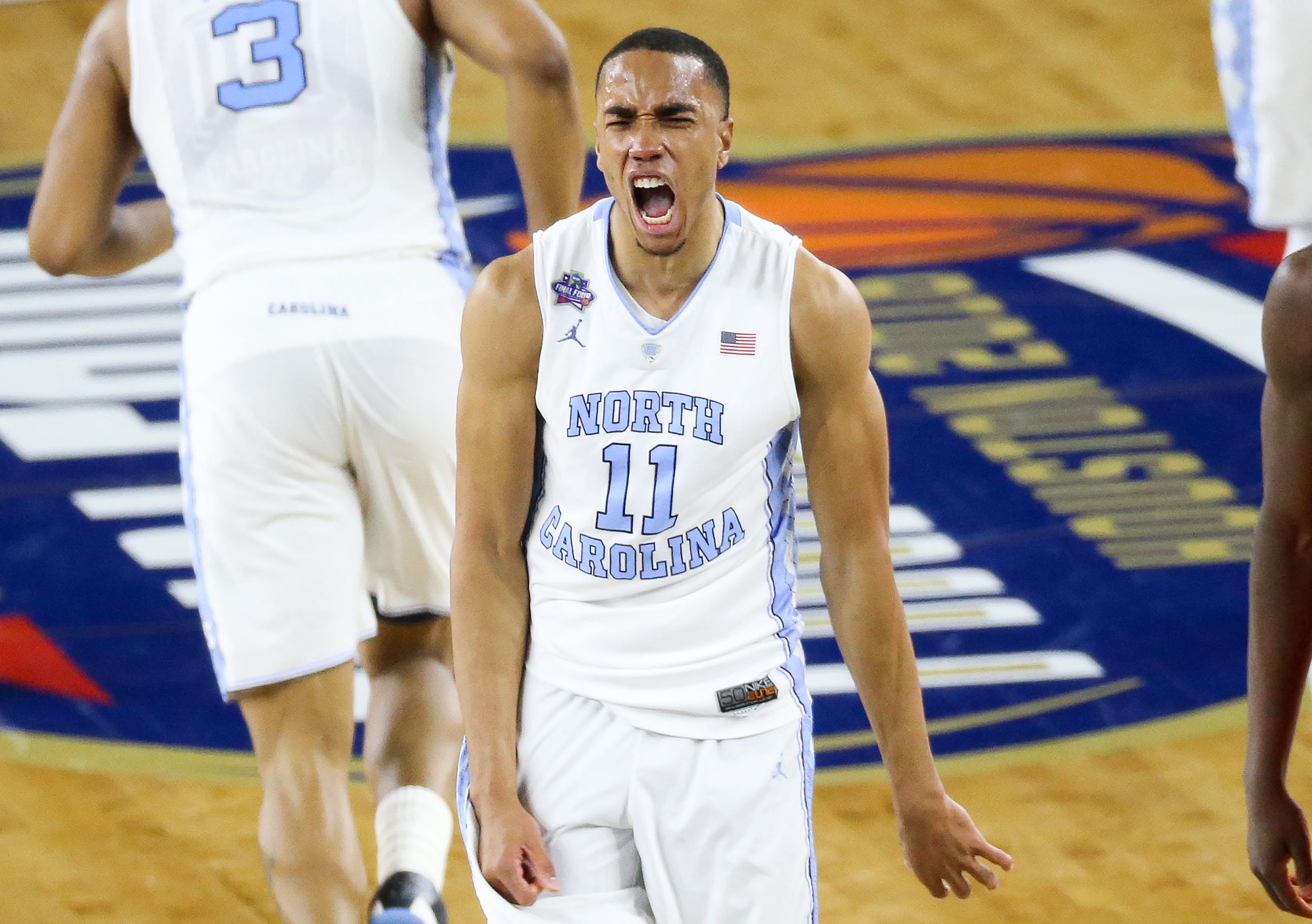 Apr 2, 2016; Houston, TX, USA; North Carolina Tar Heels forward Brice Johnson (11) celebrates a shot during the second half against the Syracuse Orange in the 2016 NCAA Men's Division I Championship semi-final game at NRG Stadium. North Carolina won 83-66. Mandatory Credit: Kevin Jairaj-USA TODAY Sports