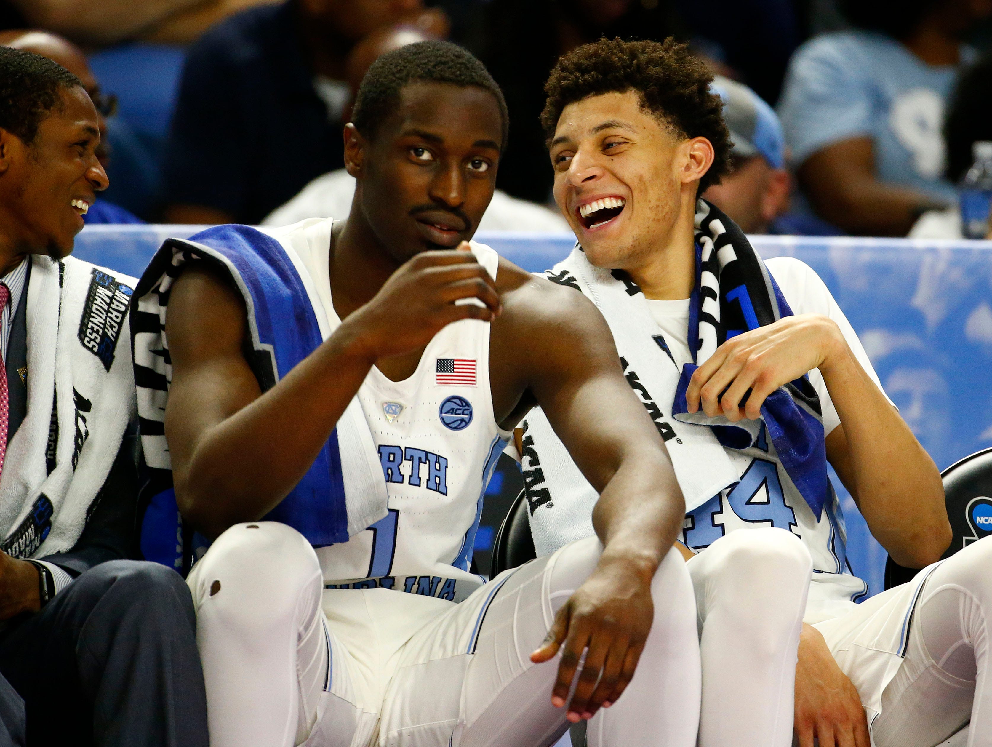Mar 17, 2017; Greenville, SC, USA; North Carolina Tar Heels forward Theo Pinson (1) and forward Justin Jackson (44) on the bench during the second half against the Texas Southern Tigers in the first round of the 2017 NCAA Tournament at Bon Secours Wellness Arena. Mandatory Credit: Jeremy Brevard-USA TODAY Sports
