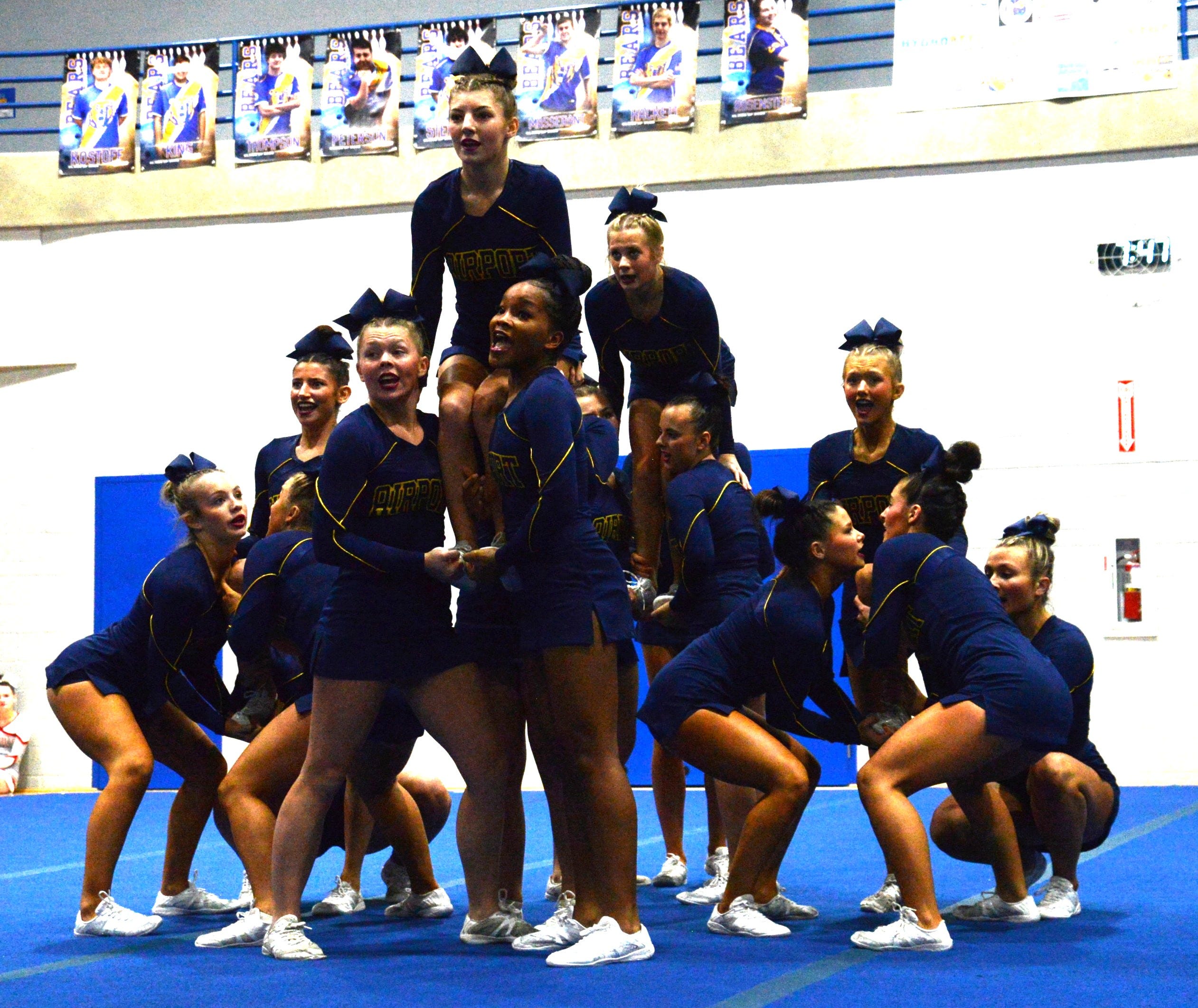 Airport performs its third-round routine at a Huron League competitive cheerleading jamboree at Jefferson on Wednesday, Jan. 21, 2026.