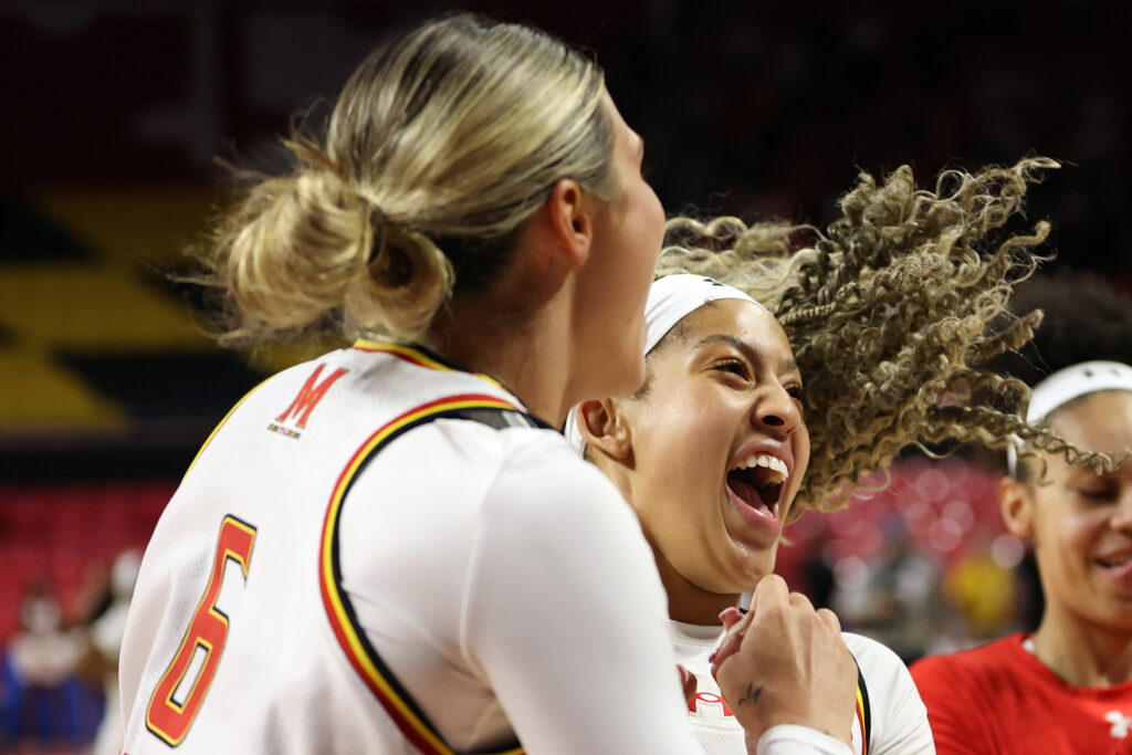 Maryland Terrapins guard Kaylene Smikle and Saylor Poffenbarger 