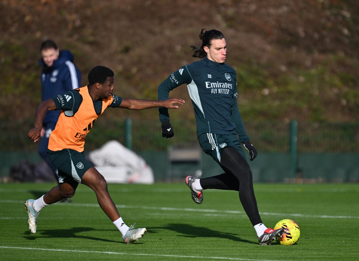 Riccardo Calafiori of Arsenal during a training session at Sobha Realty Training Centre (Arsenal FC via Getty Images)