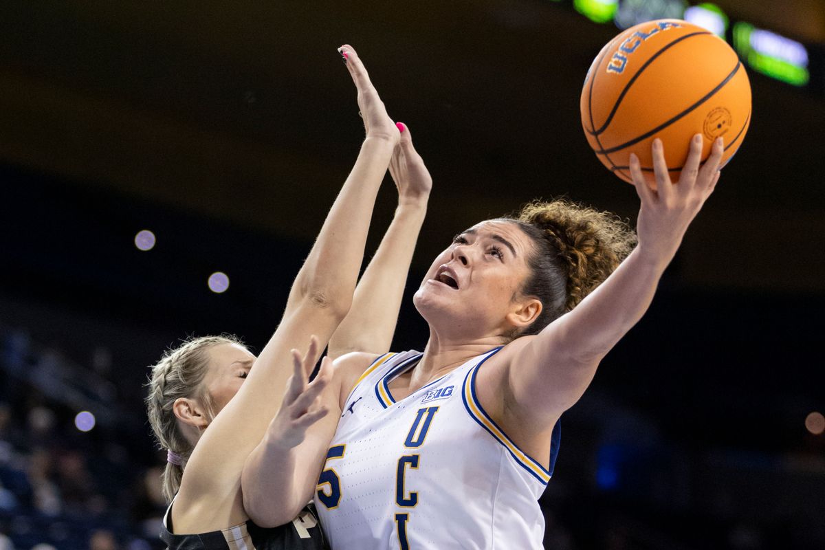Charlisse Leger-Walker #5 of the UCLA Bruins lays the ball up during an NCAA basketball game against the Purdue Boilermakers, Wednesday January 21, 2026 in Los Angeles, Calif.
