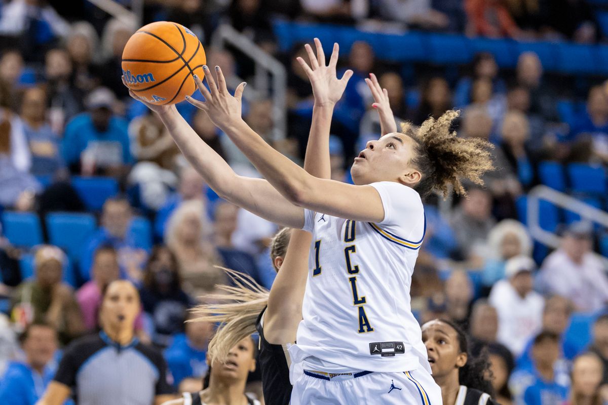 Kiki Rice #1 of the UCLA Bruins lays the ball up during an NCAA basketball game against the Purdue Boilermakers, Wednesday January 21, 2026 in Los Angeles, Calif.