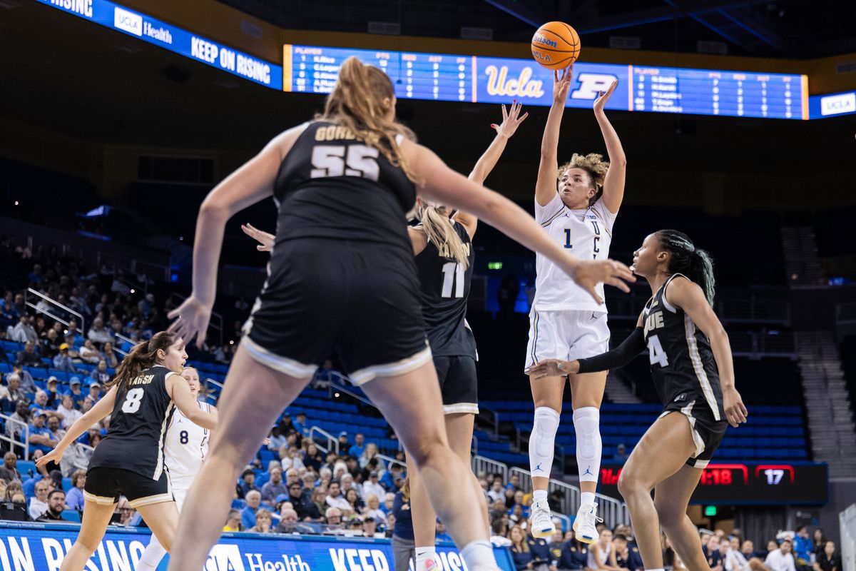 Kiki Rice #1 of the UCLA Bruins shoots the ball during an NCAA basketball game against the Purdue Boilermakers, Wednesday January 21, 2026 in Los Angeles, Calif.
