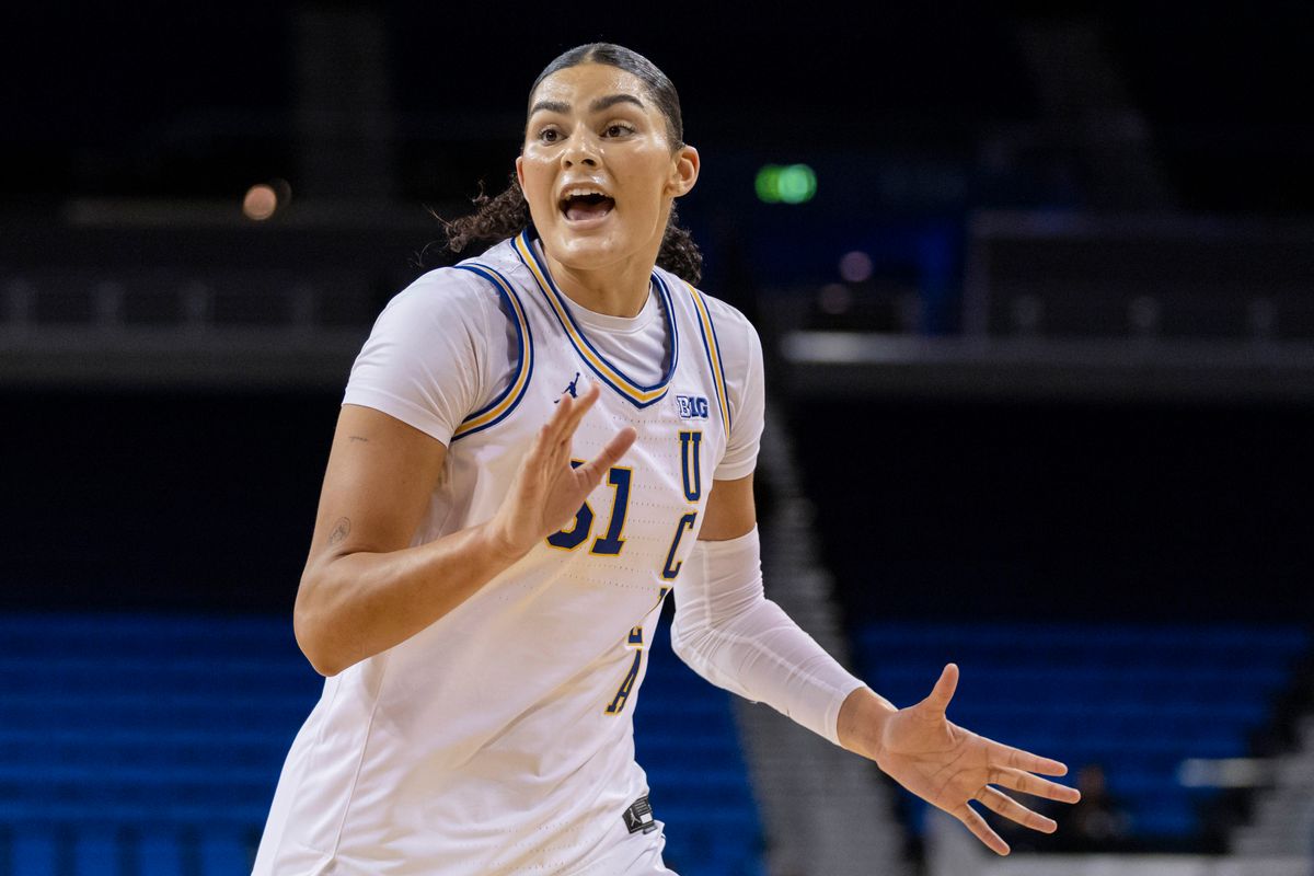 Lauren Betts #51 of the UCLA Bruins calls for the ball during an NCAA basketball game against the Purdue Boilermakers, Wednesday January 21, 2026 in Los Angeles, Calif.
