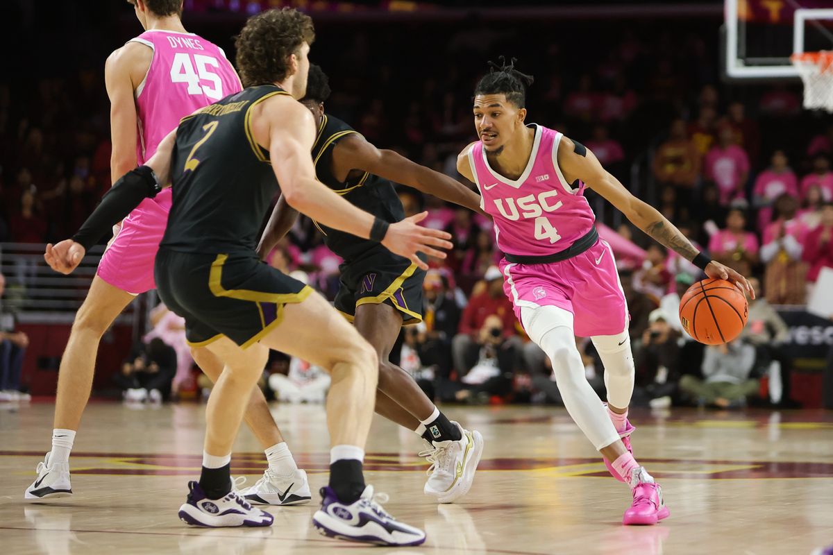 USC forward Chad Baker-Mazara (4) dribbles the basketball during an NCAA basketball game against Northwestern on January 21, 2026 in Los Angeles, CA.