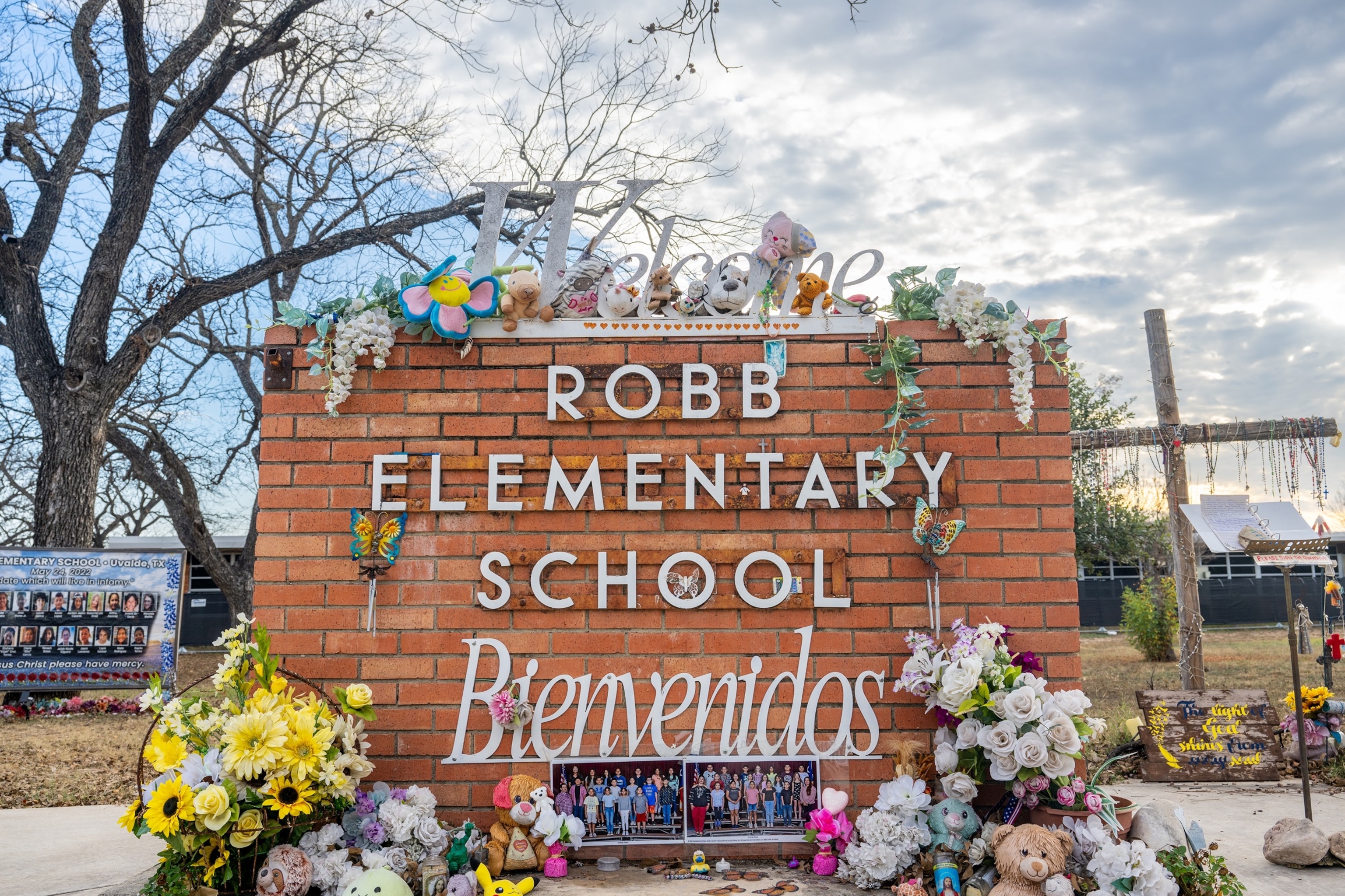 Brandon Bell/Getty Images - PHOTO: A memorial dedicated to the 19 children and two adults murdered on May 24,2022 during a mass shooting at Robb Elementary School is seen on Jan. 5, 2026 in Uvalde, Texas.