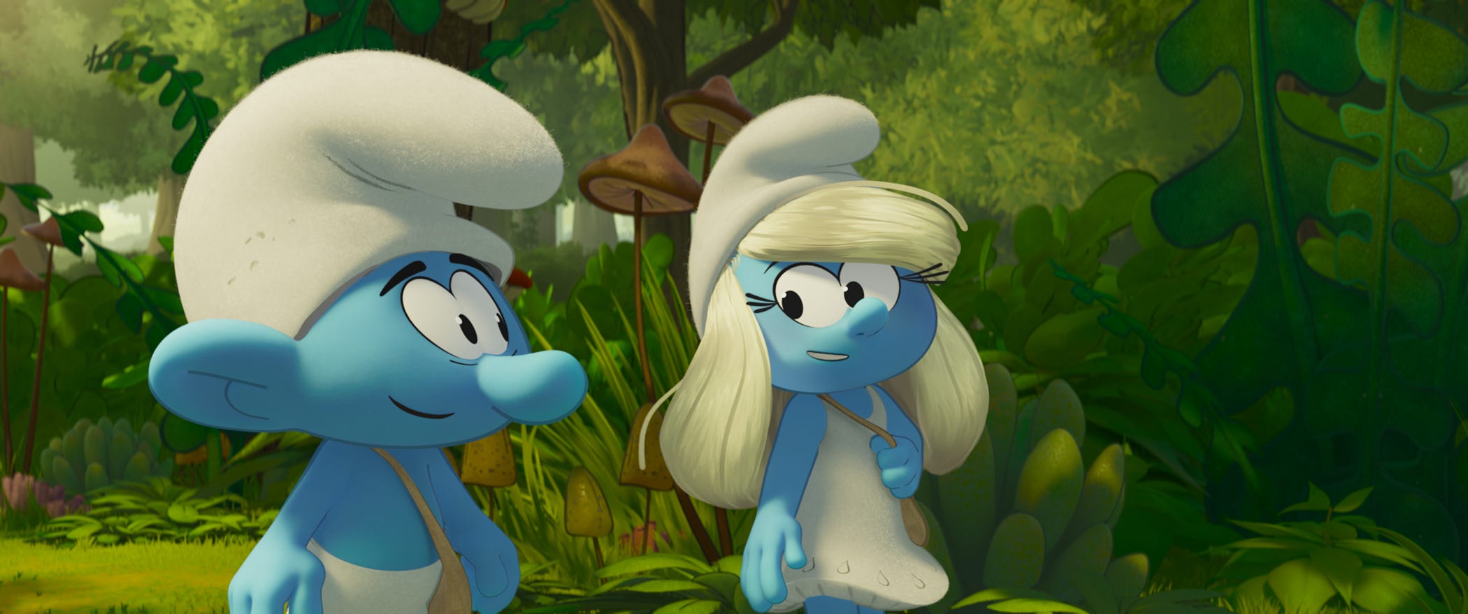 No Name (James Corden) gets help in finding his special something from pal Smurfette (Rihanna) in the musical adventure "Smurfs." Both are up for Razzie Awards.