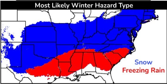 A massive swath of snow and freezing rain is forecast for the upcoming storm.