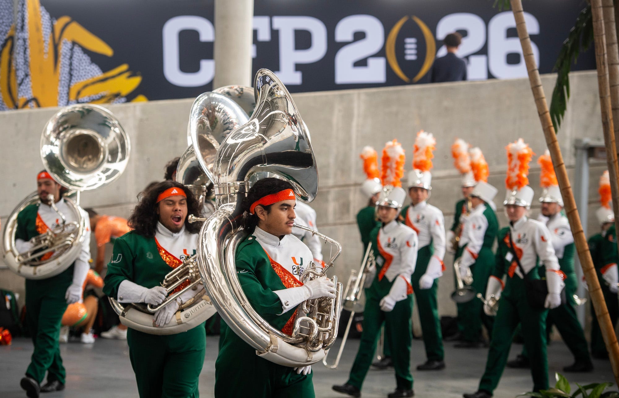 The University of Miami band prepares inside the stadium before the College Football Playoff National Championship college football game at Hard Rock Stadium in Miami Gardens on Monday, Jan. 19, 2026.
