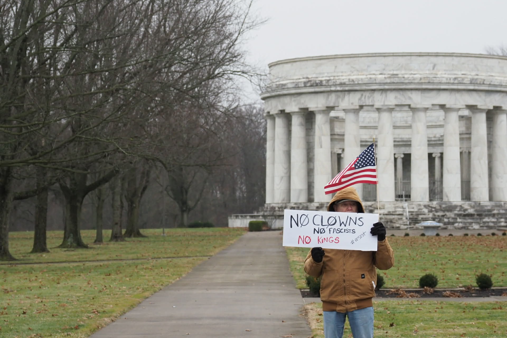 Protesters organized outside the Harding Memorial Jan. 10 to protest the Immigration and Customs Enforcement agency and President Donald Trump.