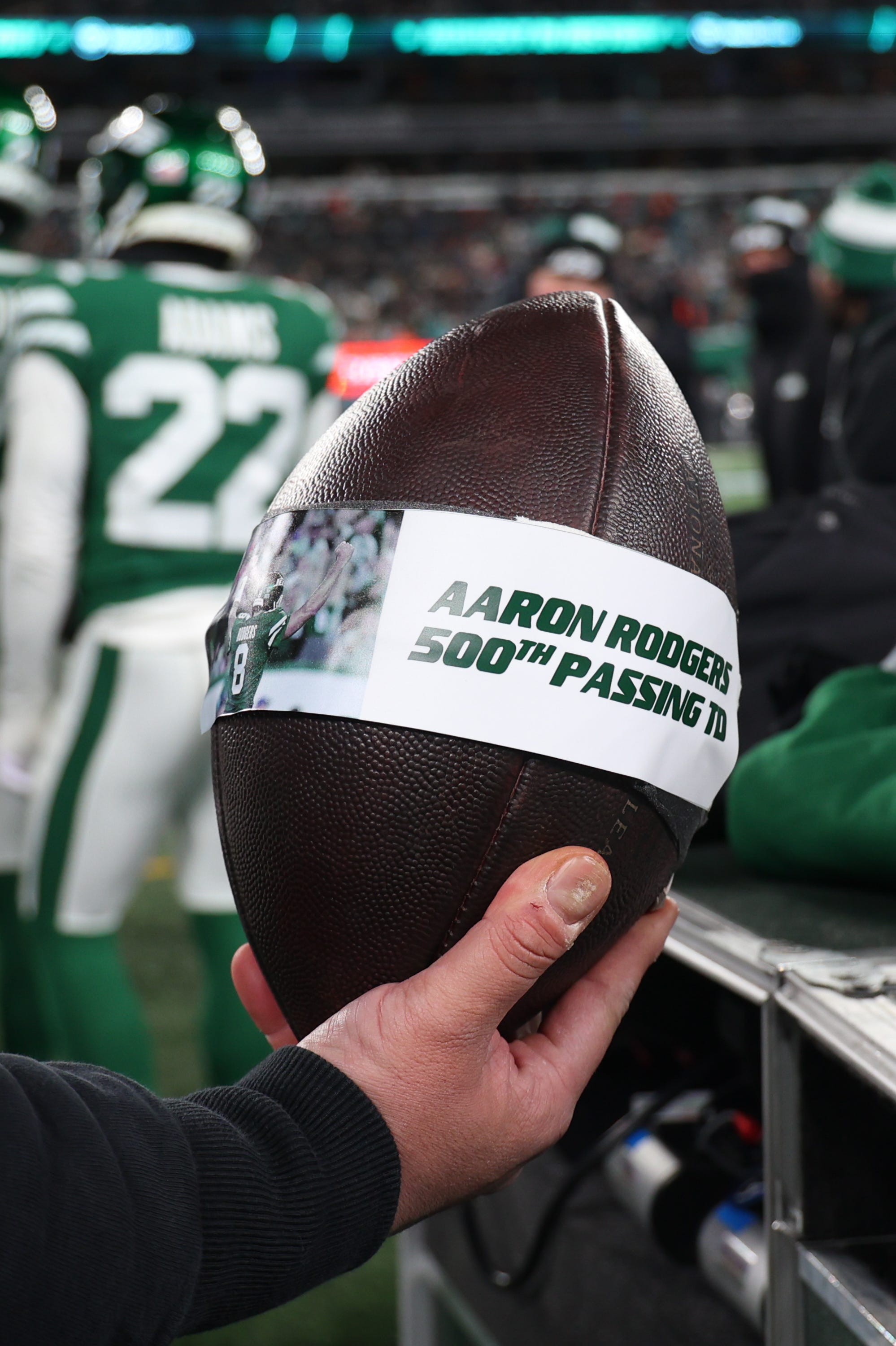 The ball used by New York Jets quarterback Aaron Rodgers for his 500th touchdown pass is seen on the sideline during the second quarter of the Jets game against the Miami Dolphins at MetLife Stadium on Jan. 5, 2025.
