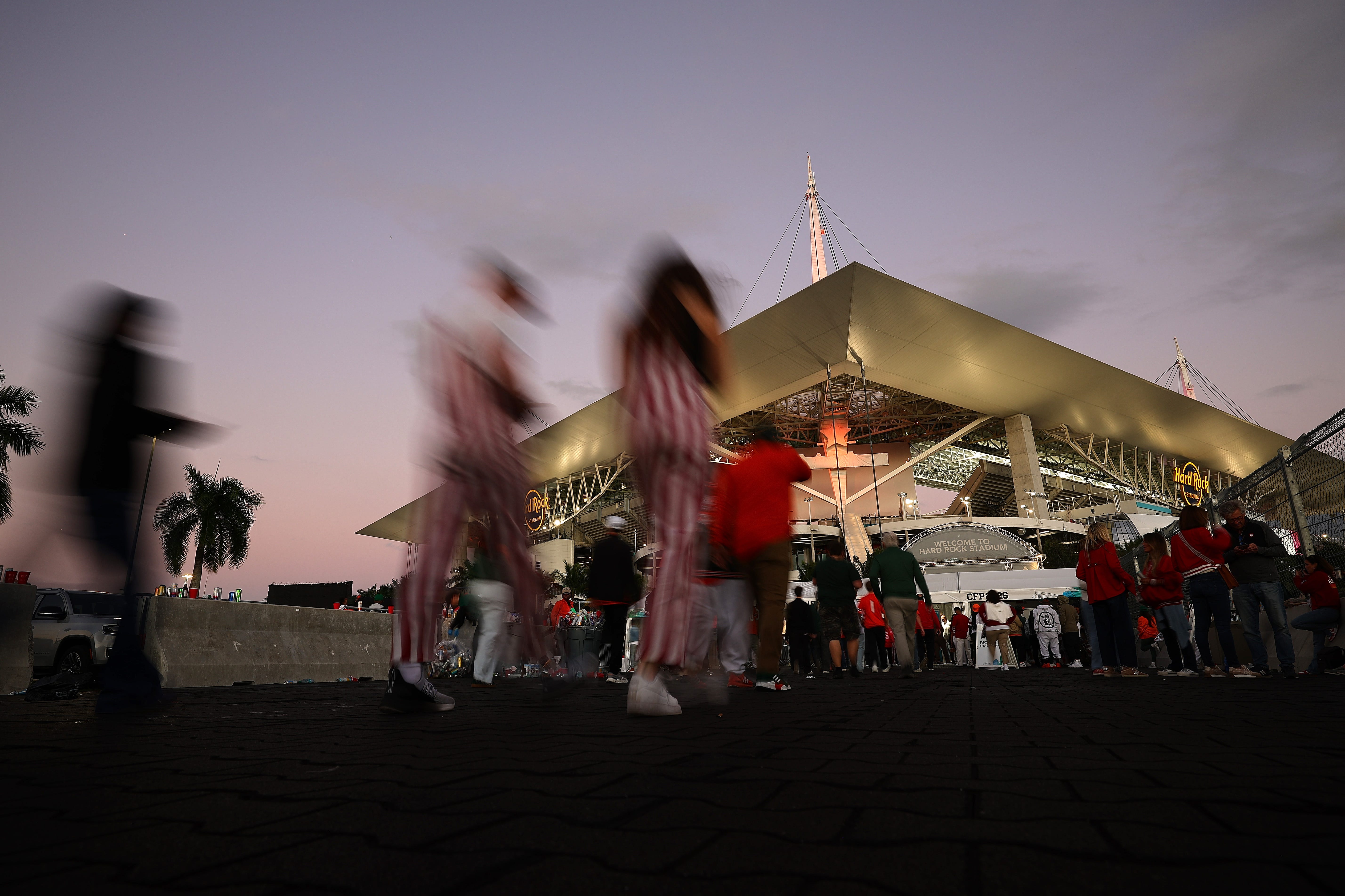 Fans arrive before the game between the Miami Hurricanes and the Indiana Hoosiers in the 2026 College Football Playoff National Championship at Hard Rock Stadium on Jan. 19, 2026 in Miami Gardens, Fla.