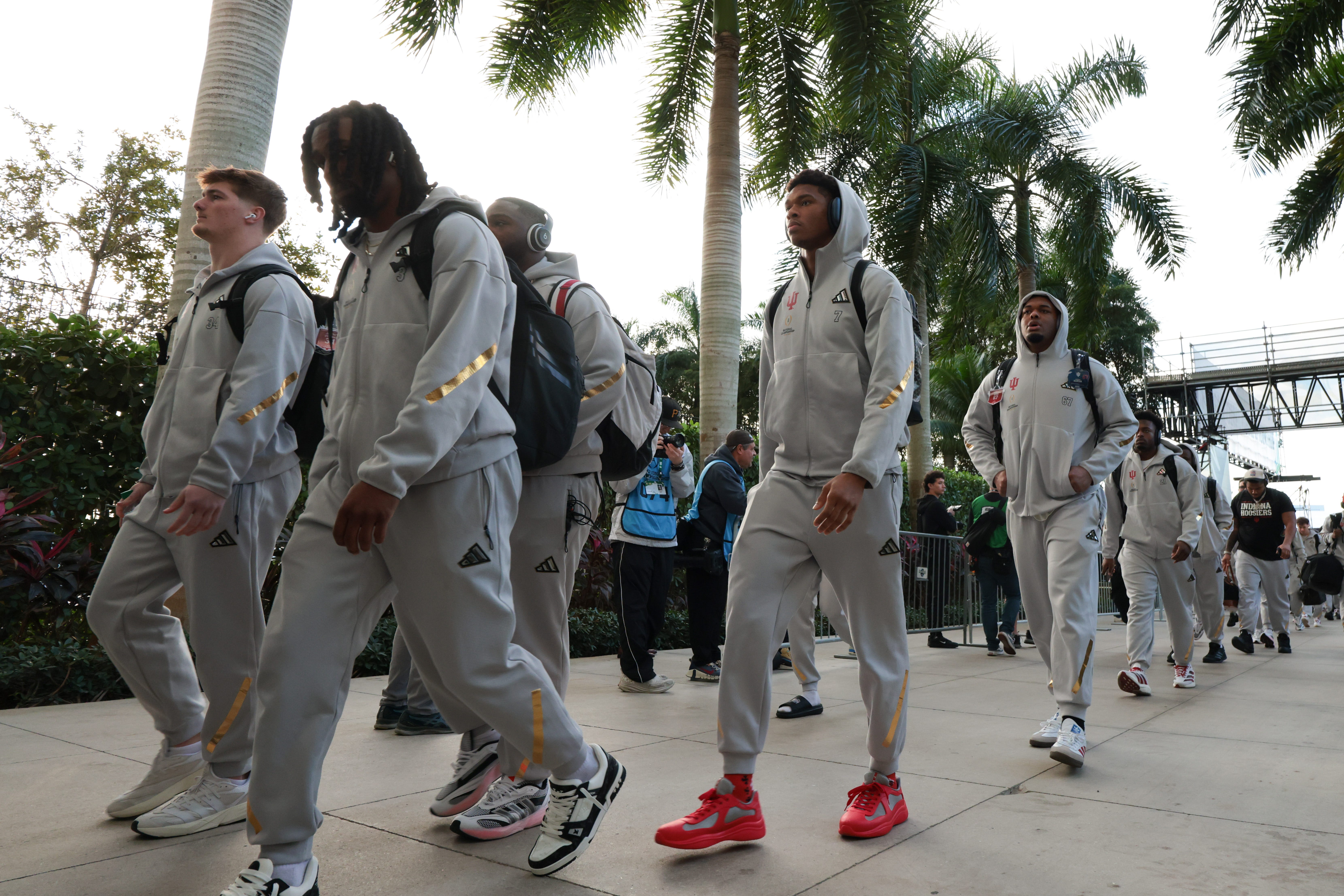 The Indiana Hoosiers arrive prior to the College Football Playoff National Championship game against the Miami Hurricanes at Hard Rock Stadium.
