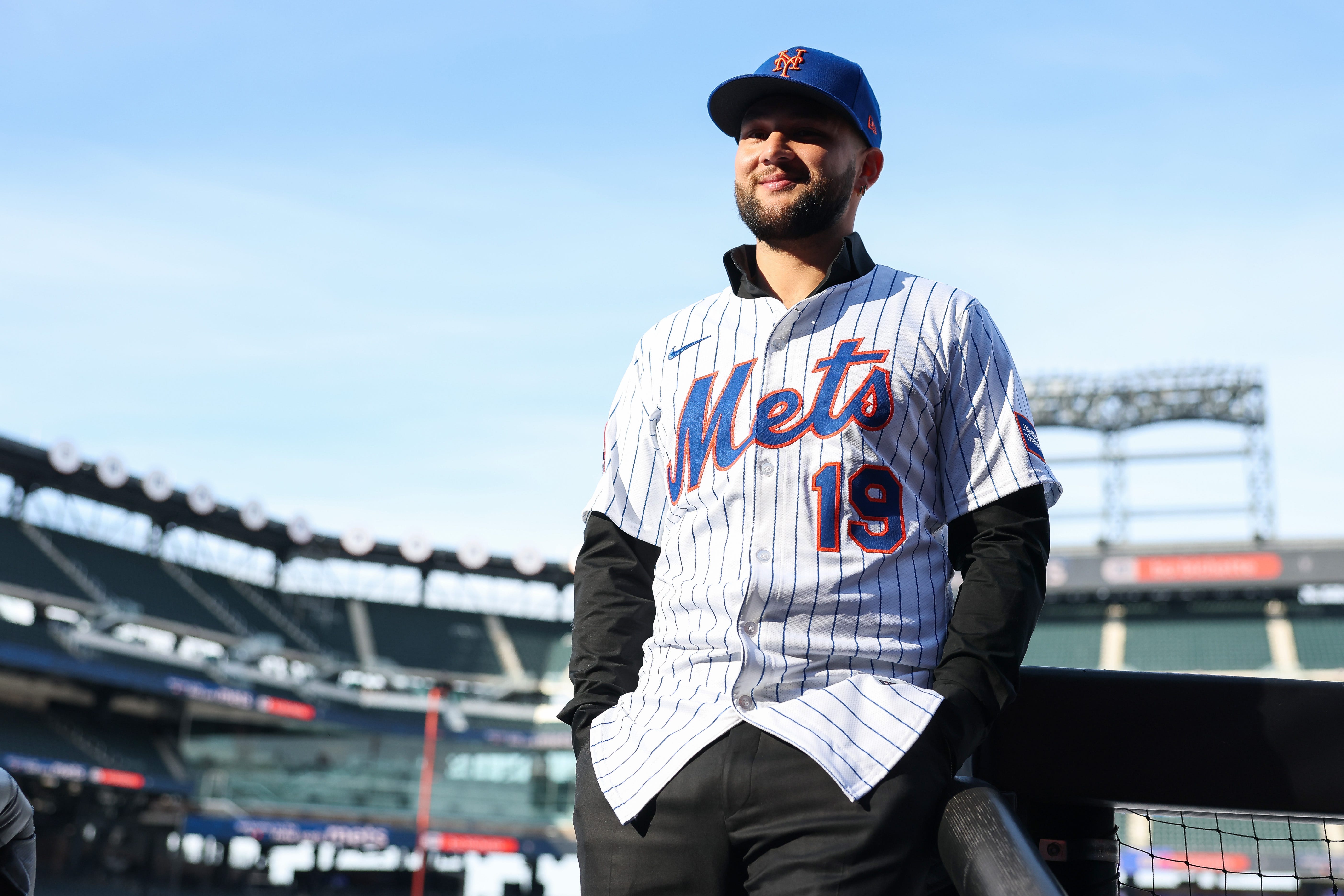 Bo Bichette poses for a photo during an introductory press conference after signing a contract with the New York Mets at Citi Field on Jan. 21, 2026.